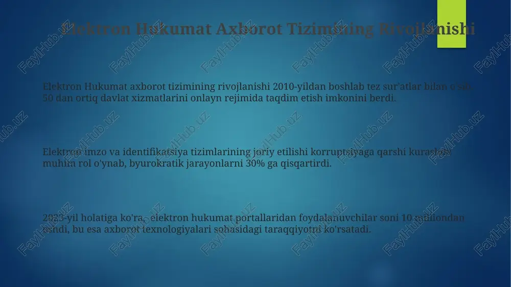 shi lozim. tizimning ishlashi va samaradorligi yillik monitoring orqali baholanadi, kamida 95% foydalanuvchi qoniqish darajasi va o'rtacha javob berish vaqti 2 sekunddan oshmasligi talab etiladi. elektron hukumat axborot tizimining amaldagi misollari elektron hukumat portalining “mening davlatim” xizmati 20 dan ortiq davlat xizmatlarini, shu jumladan, pasport va haydovchilik guvohnomasini olish bo'yicha onlayn murojaatlarni qabul qilish imkoniyatini taqdim etadi. elektron davlat xaridlari tizimi orqali 5000 dan ziyod davlat tashkilotlari milliy valyutada 10 milliard so'mdan ortiq tovarlar va xizmatlarni sotib olish jarayonlarini avtomatlashtirgan. soliq to'lovchilar uchun elektron hisobot topshirish tizimi yiliga 1 million dan ortiq elektron deklaratsiyani qabul qilib, soliq to'lovchilarning vaqtini va resurslarini tejaydi. elektron hukumat axborot tizimining afzalliklari elektron hukumat axborot tizimi davlat resurslarini samarali boshqarishga yordam beradi, bu esa byudjet xarajatlarini 10% ga optimallashtirish va davlat xizmatlarining sifatini yaxshilashga olib keladi. korrupsiyani kamaytirish uchun shaffoflikni oshirishda elektron hukumat tizimi muhim rol o'ynaydi, bu esa byurokratik jarayonlarni 15% ga soddalashtiradi va …