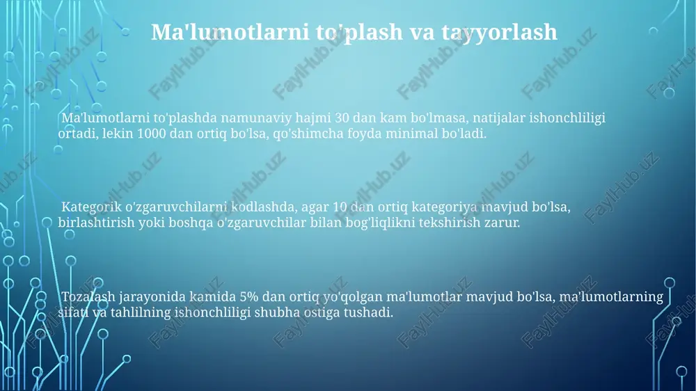 rat ma'lumotlar to'plamining o'rtacha qiymatini, minimal va maksimal qiymatlarini, shuningdek, chastota taqsimotini aniqlash uchun qo'llaniladi. ma'lumotlarni vizualizatsiya qilish xarita yordamida geografik ma'lumotlarni (masalan, 5 ta viloyat bo'yicha sotish hajmi) vizualizatsiya qilish orqali regional farqlarni 3 o'lchovli grafiklardan ancha samaraliroq taqdim etish mumkin. ma'lumotlarni vizualizatsiya qilishda 2d grafiklar (masalan, chiziqli grafiklar, tarqalish diagrammalari) 80% hollarda ma'lumotlarning asosiy trendlarini aniqlash uchun yetarli bo'ladi. histogramma yordamida 1000 ta kuzatuvdan iborat ma'lumotlar to'plamining chastota taqsimotini 5 ta sinfga bo'lib, o'rtacha qiymat va standart og'ishni aniqlash mumkin. xulosa va tavsiyalar tadqiqot natijalari shuni ko'rsatdiki, o'rtacha qiymat 25, standart og'ish 5 ga teng bo'lib, normal taqsimotga yaqin. bu gipotezani tasdiqlaydi. 95% ishonch oralig'i hisob-kitoblari shuni ko'rsatdiki, o'rganilgan parametrlar orasidagi farq statistik jihatdan ahamiyatli (p<0.05). regressiya tahlili natijalariga ko'ra, r-kvadrat koeffitsienti 0.8 dan yuqori bo'lib, modelning bashorat qilish qobiliyati yuqori ekanligini ko'rsatadi. korrelyatsiya va regressiya tahlili regressiya tahlili natijalari yordamida kelajakdagi qiymatlarni bashorat qilish mumkin, ammo bashoratning …