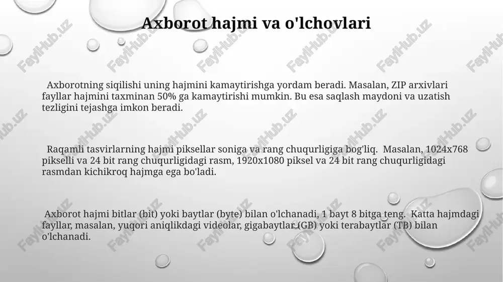 ni o'lchash imkonini beradi. diskret va uzluksiz axborot o'rtasidagi farqlar diskret axborotni saqlash va uzatish osonroq, chunki u aniq qiymatlarga ega, uzluksiz axborotni esa aniqlikni saqlab qolish uchun kvantlash kerak, bu esa ma'lumotlar yoʻqotilishiga olib kelishi mumkin. diskret axborot cheklangan, aniq qiymatlarga ega boʻlib, masalan, 0 va 1 kabi bitlar bilan ifodalanadi, uzluksiz axborot esa oʻzgaruvchan qiymatlar oraligʻida, masalan, harorat (25.5°c) yoki bosim kabi oʻzgarishi mumkin. diskret axborot sonlanadigan, uzluksiz axborot esa sonlana olmaydi. masalan, bitlar soni diskret, lekin tovush toʻlqinining amplitudasi uzluksizdir. uzluksiz axborot misollari uzluksiz axborotning misoli sifatida haroratni o'lchashni keltirish mumkin, chunki harorat 20°c dan 21°c gacha bo'lgan oraliqda cheksiz ko'p qiymatlarni qabul qilishi mumkin. analog soatning sekund ko'rsatkichining holati ham uzluksiz axborotning namunasidir, chunki u 0 dan 60 sekundgacha bo'lgan vaqt oralig'ida cheksiz ko'p pozitsiyalarni egallashi mumkin. insonning bo'yi ham uzluksiz axborotga misol bo'la oladi, chunki u 1.75 metrdan 1.76 metrgacha bo'lgan oralig'da son jihatdan cheksiz …