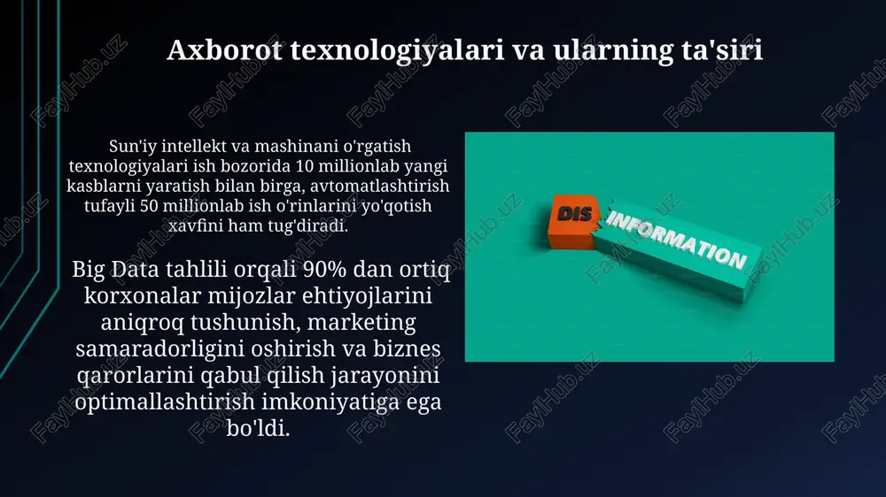 umdorligi 30% ga oshishi mumkin. raqamli iqtisodiyotning rivojlanishi tufayli, ya’ni axborot texnologiyalari sohasidagi innovatsiyalar natijasida, milliy yalpi ichki mahsulotning (yaim) o'sishiga 10% dan ortiq hissa qo'shilmoqda. axborotni himoya qilish va shaxsiy hayot sirini saqlash axborot xavfsizligi sohasida 2023 yilda o'rtacha 1000 dan ortiq kiberhujumlar qayd etilgan bo'lib, shaxsiy ma'lumotlarning o'g'irlanishi va firibgarlik holatlari ko'paygan. shaxsiy hayot sirini himoya qilishga oid qonunchilikda kamida 5 ta asosiy qoida mavjud, ammo ularning amaliy qo'llanilishi va nazorati zaif. ma'lumotlarni himoya qilish texnologiyalari esa har yili 20% ga qadar rivojlanadi. axborot jamiyatining kelajagi axborot jamiyatining kelajagi, ya'ni metavers kabi yangi texnologiyalarni joriy etish bilan birga, ijtimoiy tengsizlikni kuchayishiga va raqamli tafovutning 30% ga yetishiga olib kelishi mumkin. axborot jamiyatining kelajagi katta hajmdagi ma'lumotlar (big data)ni tahlil qilish va sun'iy intellekt texnologiyalarining rivojlanishi bilan 5g va undan keyingi avlod tarmoqlari orqali yanada tezkor va samarali bo'ladi. axborot madaniyati va axloqi axborot jamiyatida axloqiy qoidalarni 3ta asosiy …