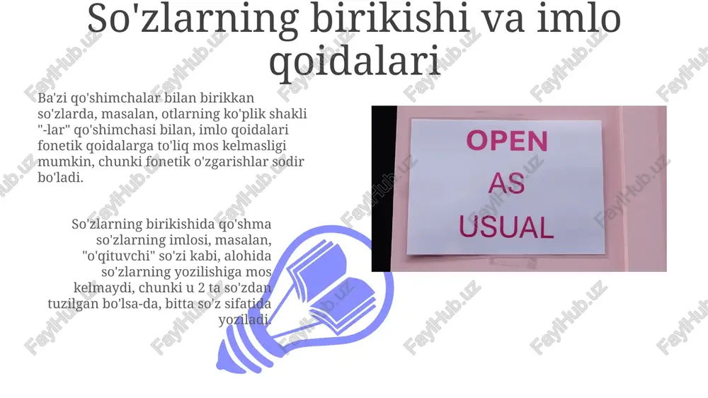 qarab, 2 xil imlo varianti mavjud bo'lib, ularning bir-biridan farqi qo'shimchalar qo'shilganda fonetik o'zgarishlarning mavjudligidadir. ba'zi qo'shimchalar qo'shilganda, so'zning oxirgi undoshi o'zgaradi yoki tushib qoladi (masalan, 5 ta qo'shimcha bilan). bu o'zgarishlar so'zning to'g'ri yozilishi uchun muhim bo'lib, imlo qoidalariga mos keladi. raqamlar va belgilarning yozilishi belgilarning qo'llanilishi, jumladan, tire, vergul, nuqta kabi tinish belgilarining ishlatilishi, harflarning yozilish qoidalariga bevosita bog'liq bo'lmagan, lekin matnning tushunarliligini ta'minlovchi harflararo normalarga asoslanadi. raqamlarning yozilishiga oid ba'zi orfografik normalar, masalan, 10 dan kichik sonlarning so'z bilan yozilishi yoki murakkab sonlarning tire bilan bog'lanishi, tilning umumiy qoidalari bilan to'liq mos kelmaydi. kichik va katta harflarning qo'llanilishi ba'zi geografik nomlar, masalan, daryo, tog' nomlari, ba'zan bir so'zli, ba'zan esa ko'p so'zli bo'lib, ularning katta yoki kichik harf bilan yozilishi qo'llaniladigan yozuv tizimiga bog'liq holda o'zgarib turadi. kichik harflar bilan yoziladigan 12 ta oy nomlarining aksariyati, jumlaning boshida kelsagina katta harf bilan yoziladi, boshqa hollarda esa kichik …
