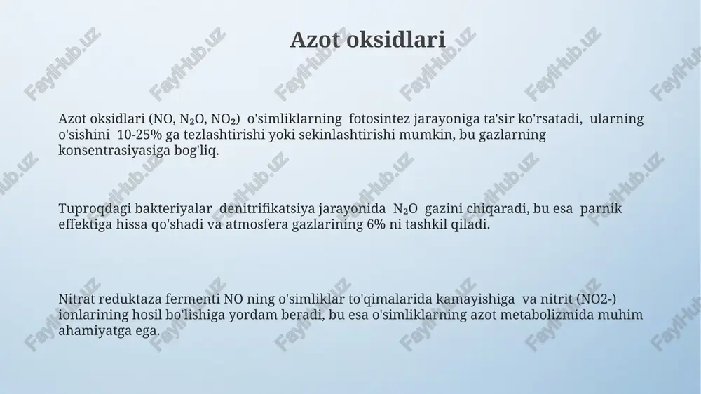 ud bo'lishiga olib keladi. kelajakdagi istiqbollar va tadqiqotlar azot fiksatsiyasi samaradorligini 15-20% ga oshirishga qaratilgan yangi bioinorganik katalizatorlarni yaratish bo'yicha tadqiqotlar kelajakda yuqori hosildorlikka erishishga yordam beradi. kimyoviy o'g'itlarga bo'lgan ehtiyojni 25% ga kamaytirishga imkon beruvchi, yangi avlodli bioinorganik azotli o'g'itlarni ishlab chiqarish bo'yicha istiqbolli loyihalar mavjud. o'simliklarning azotni assimilyatsiya qilish jarayonlarini kuchaytirish uchun 3-5 ta yangi genlarni aniqlash va ularni agrotexnikada qo'llash bo'yicha keng ko'lamli genom tadqiqotlari o'tkazilishi rejalashtirilmoqda. mineral o‘g‘itlar va ularning qo‘llanilishi fosforli o'g'itlar, jumladan, superfosfat (18-20% p2o5) va diammafos (52% p2o5), o'simliklarning ildiz tizimini rivojlantirish va gullaydigan davrni yaxshilashga yordam beradi. azotli mineral o'g'itlar, masalan, ammiakli selitra (34% n) va karbamid (46% n), o'simliklarning o'sishini tezlashtirish va hosildorlikni oshirishda muhim rol o'ynaydi. kaliyli o'g'itlar, masalan, kaliy xlorid (60% k2o) va kaliy sulfat (50% k2o), o'simliklarning immunitet tizimini mustahkamlaydi va sovuqqa chidamliligini oshiradi. ammiak va ammiak tuzlari ammiakning ph qiymati 11 atrofida bo'lib, ishqoriy muhit hosil qiladi. …