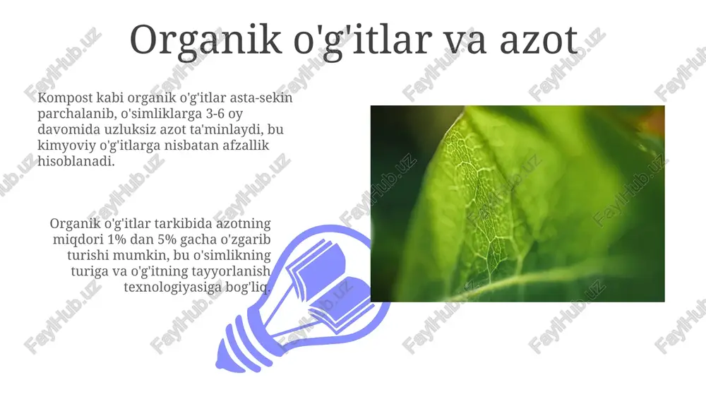 am beradi. azotning o'simliklardagi funksiyalari o'simliklarning oqsil sintezida azot asosiy element bo'lib, o'simlikning o'sish va rivojlanishi uchun zarur bo'lgan 16 ta asosiy aminokislotalarning tarkibiga kiradi. azot, o'simliklarning genetik materialini (dnk va rnk) tashkil etuvchi nuklein kislotalarning muhim tarkibiy qismidir, bu esa o'simliklarning merosxo'rlik va o'z-o'zini takrorlash jarayonlarida muhim ahamiyatga ega. biologik azot fiksatsiyasi 01 02 atmosferadagi azotning oʻsimliklar tomonidan toʻgʻridan-toʻgʻri oʻzlashtirilishi mumkin emas, shuning uchun biologik azot fiksatsiyasi oʻsimliklarning oziqlanishi uchun juda muhimdir, bu jarayon tuproq unumdorligini oshiradi. sales 1st qtr 2nd qtr 100 0 sales 1st qtr 2nd qtr 100 0 o'simlik hayotidagi azotning ahamiyati o'simlikning vegetativ o'sishi, ya'ni barglar, poyalar va ildizlarning rivojlanishi uchun azotning yetarli miqdori (masalan, 100 kg/gektar) muhim ahamiyatga ega. azot o'simliklarning xlorofil hosil qilishida ishtirok etadi, bu jarayon fotosintez uchun juda muhim bo'lib, o'simliklarning o'sish sur'ati taxminan 30% ga azot miqdoriga bog'liq. azotning o'simliklarga yutilish jarayoni o'simliklar, 10-20% gacha azotni organik birikmalar, masalan, amino …