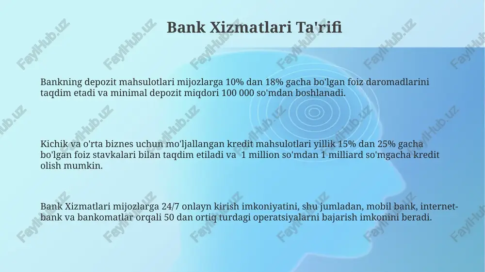 jazo to'lovlari qo'llaniladi, bu esa 20% gacha yetishi mumkin. hisobvaraq ochish va boshqarish bank kartasi orqali kuniga maksimal 1,000,000 so'm miqdorida naqd pul yechish mumkin, shuningdek, atm komissiyalari haqida ham ma'lumotga ega bo'lish muhim. onlayn hisobvaraq boshqarish tizimi orqali oyiga o'rtacha 50 dan ortiq operatsiyani amalga oshirish mumkin, bu esa vaqtni tejashga yordam beradi. hisobvaraq ochish uchun zarur hujjatlar ro'yxati kamida 3 ta, jumladan, pasport nusxasi va 300,000 so'mdan kam bo'lmagan boshlang'ich depozit talab etiladi. mobil bank xizmatlari o'rtacha hisobda, mobil bank foydalanuvchilari oyiga 100 dan ortiq operatsiyani amalga oshirib, vaqt va mablag'larini tejaydi. mobil bank xizmatlari orqali 24/7, kunning istalgan vaqtida 50 dan ortiq turdagi to'lovlarni amalga oshirish mumkin, bu esa mijozlarga qulaylik yaratadi. mobil bank ilovalari orqali kredit olish jarayoni soddalashtirilgan bo'lib, arizalarni ko'rib chiqish muddati 24 soatdan oshmaydi. onlayn bank xizmatlari onlayn bank xizmatlaridan foydalanuvchilar soni 2023-yilda 15 milliondan oshdi, bu esa yillik 25% o'sishni ko'rsatadi. onlayn …