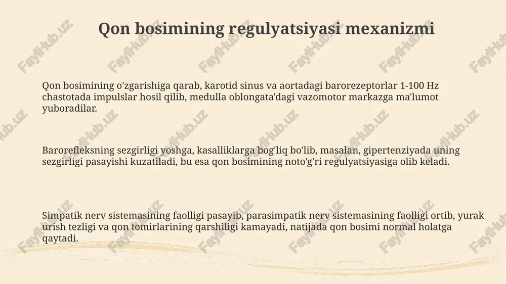 higa javoban yurak urishining tezligining o'zgarishi o'lchanadi. barorefleksni o'rganishda 24 soatlik ambulator qon bosimi monitoringi (aqbm) usuli qon bosimi va yurak urishining sutka davomidagi o'zgarishlarini aniqlashda samarali bo'lib, barorefleks sezuvchanligini baholashga imkon beradi. barorefleksning buzilishi barorefleks buzilishi yurak yetishmovchiligi, arterial gipertenziya va qon tomir kasalliklari kabi holatlarda qon bosimining 20% dan ortiq o'zgarishi bilan namoyon bo'ladi. barorefleks funksiyasini baholashda, qon bosimi va yurak urish tezligining o'zaro bog'liqligi tahlil qilinadi, bu 0,5 dan past bo'lgan korrelyatsiya koeffitsiyenti barorefleksning zaiflashganligini ko'rsatishi mumkin. simpatik va parasimpatik nerv tizimining nomutanosibligi natijasida, barorefleksning sezuvchanligi pasayib, 15-20 mm hg gacha bo'lgan qon bosimi tebranishlariga javob bermasligi mumkin. simpatik va parasimpatik nerv tizimining ishtiroki barorefleksda simpatik nerv sistemasining faollashuvi qon tomirlarining torayishiga (vazokonstriksiya) va yurak urish tezligining oshishiga (taxminan 10-20%) olib keladi, shu bilan qon bosimini oshiradi. simpatik va parasimpatik nerv sistemalari o'rtasidagi muvozanat barorefleksning samarali ishlashini ta'minlaydi. qon bosimi o'zgarishiga 0.1-0.2 soniya ichida javob berish mumkin. …