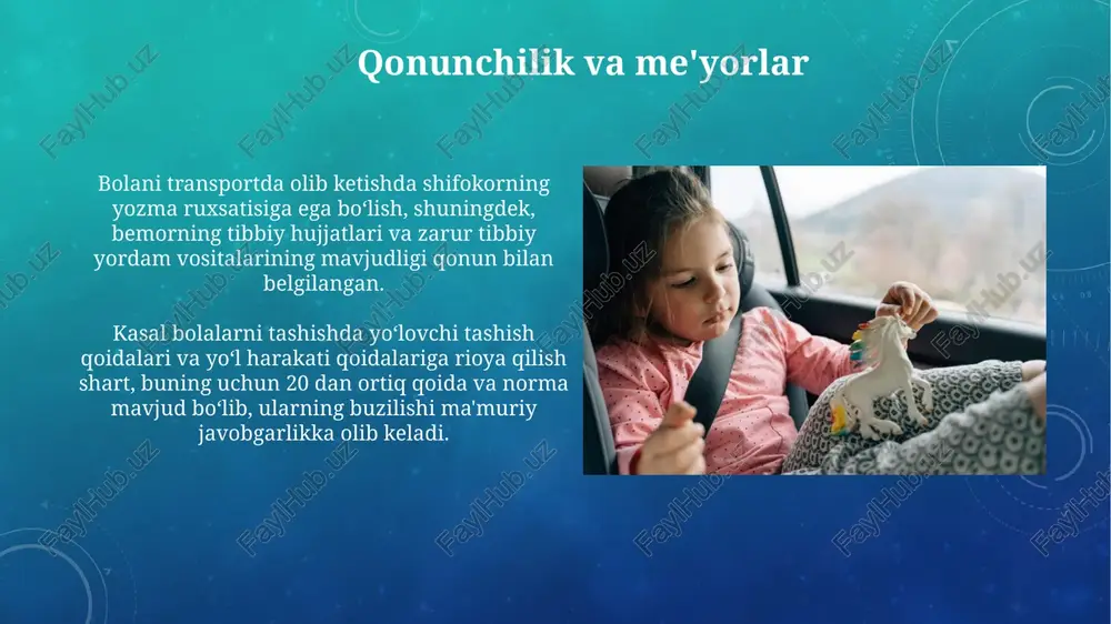 h mumkin bo'lgan tezkor tibbiy yordam mashinasini tanlash, bemorning hayotiga xavf tug'diradigan vaziyatlarda muhim ahamiyatga ega. uzoq masofalarga transport vositasini tanlashda, bolaning sog'lig'iga zararli bo'lmasligi uchun, yo'lning holati, transport vositasining qulayligi va havo haroratini hisobga olish lozim. tez tibbiy yordam xizmatiga yaqinlik ham muhim omil. xavfsizlik choralarini ko'rish transport vositasida haroratni 20-24°c oralig'ida saqlash, shuningdek, bolaning sog'lig'ini kuzatib borish va zarur bo'lganda tibbiy yordam ko'rsatish uchun malakali tibbiyot xodimini o'z ichiga olish kerak. bolani transport vositasida mahkamlab qo'yish uchun 5 nuqtadan iborat xavfsizlik kamarlaridan foydalaning va bolaning vazni va yoshiga mos keladigan avtomobil kreslosidan foydalanishni unutmang. e'tiboringiz uchun rahmat @taqdimot_robot image3.png image4.jpg image5.jpg image6.jpg image7.jpg image8.jpg image9.jpg image10.jpg image11.jpg image12.jpg image13.jpg image14.jpg image15.jpg