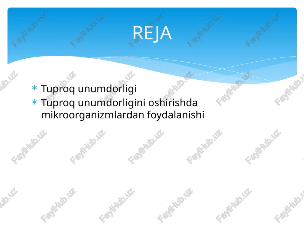 lmashlab ekish, tuprokka ishlov berish) yordamida yoʻk kilish tuproqning samarali unumdorligini keskin oshiradi. tuproq unumdorligini saqlash uchun tuprokka eroziyaga yoʻl koʻymaydigan usullarda ishlov beriladi, dala ihota oʻrmonzorlari barpo kilinadi, daryo va kanallar qirgogʻi mustahkamlanadi va gʻ.k. joʻraqul sattarov. image2.png /docprops/thumbnail.jpeg