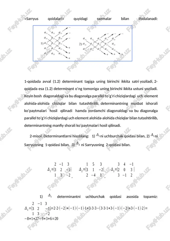 . determinantlarni hisoblang: 1) ni biror satr yoki ustun bo‘yicha yoyib; 2) ni tartibini pasaytirib; 3) ni uchburchak ko‘rinishga keltirib. ;; 1) determinantni biror satr yoki ustun bo‘yicha yoyib hisoblash uchun odatda nol soni bor satr yoki ustun tanlanadi, chunki bunda nollar qatnashgan qo‘shiluvchilar nolga teng bo‘ladi. berilgan determinantni hisoblash uchun ikkita noli bor 4-satrni tanlaymiz va (1.3) formuladan da topamiz: 2) determinantni xossalar yordamida tartibini pasaytirib hisoblaymiz. bunda 2-satrning 1-ustunida joylashgan elementidan boshqa barcha elementlarini nolga keltiramiz. buning uchun avval 2-ustunga (-4)ga ko‘paytirilgan 1- ustunni qo‘shamiz; 3-ustunga (-1) ga ko‘paytirilgan 1- ustunni qo‘shamiz; 4 -ustunga (-2)ga ko‘paytirilgan 1-ustunni qo‘shamiz, keyin hosil bo‘lgan determinantni 2-satr bo‘yicha yoyamiz: hosil bo‘lgan uchinchi tartibli determinantning 2 -satrida (-2) ni determinant belgisidan tashqariga chiqaramiz va 2-ustunning 1- satri elementidan pastda joylashgan elementlarini nolga aylantiramiz. buning uchun 2-satrga (-2)ga ko‘paytirilgan 1- satrni qo‘shamiz, 3 -satrga (-3)ga ko‘paytirilgan 1- satrni qo‘shamiz, 3-satrda 4 ni determinant belgisidan …