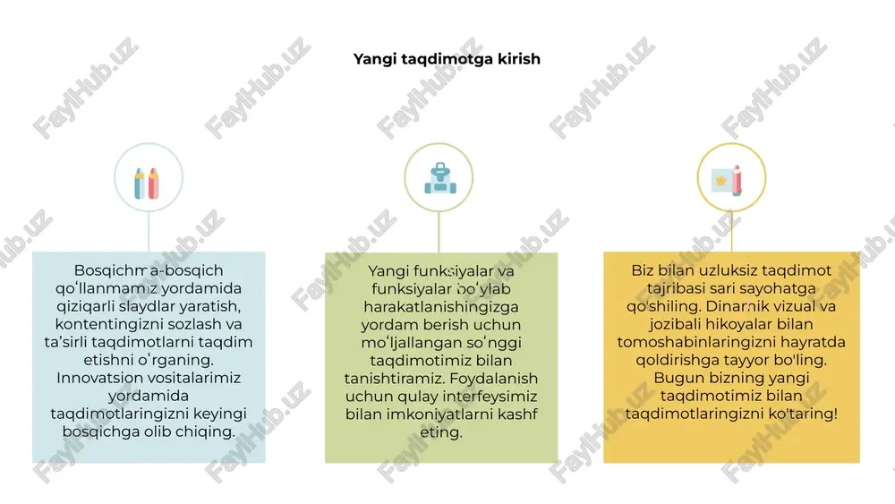 qlashni unutmang. tomoshabinlaringizni haddan tashqari ko'p ma'lumot bilan to'ldirishdan saqlaning. asosiy fikrlarga e'tibor qarating va xabaringizni qo'llab-quvvatlash uchun ingl. yangi taqdimotga vizual tasvirlarni kiritish 1 2 3 2 taqdimotning yangi formatini jozibali vizuallar bilan tanishtirish. diqqatni jalb qiling, ma'lumotni samarali etkazing va tinglovchilaringizga doimiy ta'sir qoldiring. 1 taqdimotingizning umumiy jozibadorligini oshirishda vizual tasvirlar hal qiluvchi rol o'ynaydi. murakkab ma'lumotlarni soddalashtirish va tomoshabinlarni o'ziga jalb qilish uchun rasmlar, diagrammalar va infografikalardan foydalaning. 3 kontentingizga jon berish uchun vizual kuchdan foydalaning. ajoyib grafikadan dinamik animatsiyalarga qadar taqdimotlaringizni yuqori darajaga ko'taring va tomoshabinlarda doimiy taassurot qoldiring. yangi taqdimot vositalarini o'zlashtirish "🗞 yangi taqdimot" slaydida qiziqarli taqdimotlar yaratish uchun eng yangi vositalarni oching. taqdimot o‘yiningizni oshirish va tomoshabinlarni hech qachon bo‘lmaganidek o‘ziga jalb qilish uchun mo‘ljallangan xususiyatlarni kashf eting. 01 yangi taqdimot vositalari bilan birga keladigan innovatsion xususiyatlarni o'zlashtiring. interaktiv vizuallardan tortib uzluksiz o'tishgacha, bu vositalar sizni hayratda qoldirishi va taqdimotlaringizni keyingi bosqichga olib …