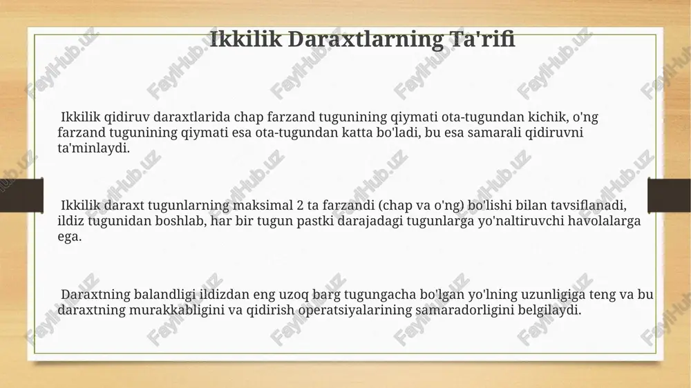 tlarning tarqalishi) muhim rol oʻynaydi. agar toʻliqlik yomon boʻlsa, qidirish vaqti o(log n) dan o(n) gacha yomonlashishi mumkin, bu esa samaradorlikka salbiy ta'sir koʻrsatadi. b-daraxti, balansirovka qilingan qidiruv daraxti boʻlib, har bir tugun 2 dan m-1 gacha (bu yerda m – daraja) farzand tugunlarga ega boʻladi. bunday tuzilma qidirish, qoʻshish va oʻchirish operatsiyalarini o(log n) vaqtida bajarish imkonini beradi. avl daraxtlari avl daraxtlarida qo'shish va o'chirish operatsiyalari, daraxtning muvozanatini saqlash uchun aylanishlar (rotations) deb ataluvchi maxsus operatsiyalarni talab qiladi; bu operatsiyalar soni o(log n) murakkablikka ega, bu yerda n – tugunlar soni. avl daraxtlari samarali qidirish, qo'shish va o'chirish operatsiyalarini ta'minlaydi, bu ularni katta hajmdagi ma'lumotlarni saqlash va qidirish uchun juda moslashtiradi; ularning o'rtacha va eng yomon holatdagi murakkabligi o(log n) ga teng. avl daraxtlari o'z-o'zidan muvozanatli qidiruv daraxtlari bo'lib, har bir tugunning chap va o'ng pastki daraxtlarining balandliklari orasidagi farq (balans omili) -1, 0 yoki 1 dan oshmaydi, bu …