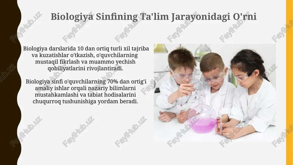 i, 5-10 daqiqada tushunarli tarzda namoyish qilish mumkin. interaktiv o'quv taxtalari, masalan, smart doskalar, dars jarayonini 20% ga tezlashtirib, o'quvchilarning 30% ko'proq ma'lumotni o'zlashtirishiga yordam beradi, bu esa o'quv samaradorligini oshiradi. biologiya sinfida xavfsizlik texnikasi kimyoviy moddalar bilan ishlashda, kamida 2 metr masofada, yaxshi shamollatiladigan joyda va himoya ko'zoynaklari, qo'lqoplar kabi individual himoya vositalaridan foydalanish majburiydir. xavfsizlik qoidalari plakatlari kamida 3 nusxada ko'rinarli joylarda bo'lishi kerak. biologiya sinfida o'tkir buyumlar (masalan, skalpell, shisha buyumlar) bilan ishlashda 10 dan ortiq o'quvchining bir vaqtda ishlashiga yo'l qo'ymaslik kerak, har bir o'quvchiga alohida ish joyi va zarur himoya vositalari taqdim etilishi lozim. o'quv adabiyotlari va qo'llanmalar har bir o'quvchi uchun kamida 2 ta turli xil manbalar – biologiya bo'yicha ilmiy maqolalar va 10 dan ortiq onlayn ma'lumot omborlari taqdim etilishi kerak. o'quv adabiyotlari sifatida kamida 5 turdagi turli xil darsliklar va qo'llanmalar, jumladan, amaliy mashg'ulotlar uchun 2 ta qo'llanma bo'lishi kerak. ekologik ta'lim …