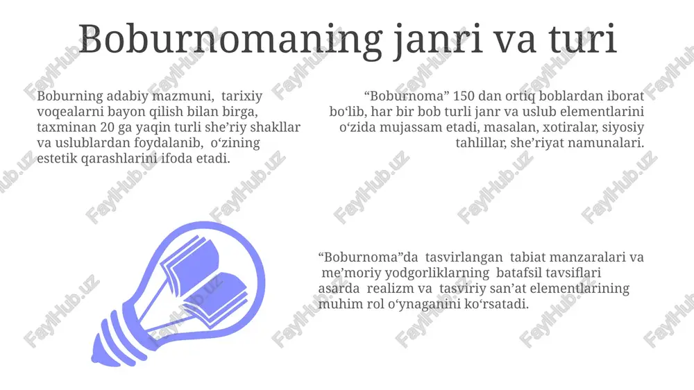 slik va tarjimashunoslik nuqtai nazarlaridan adabiy matnning o'zgarishi va madaniy kontekstini tahlil qilish mumkin. boburning she'riyatiga bag'ishlangan 10 dan ortiq qo'lyozma manbalarni chuqurroq o'rganish "boburnoma"dagi badiiy uslublarning rivojlanishiga yangi ma'lumotlar qo'shishi mumkin. obrazlar tizimi va ularning ifodasi asar boʻyicha obrazlarning 70% ga yaqini epitetlar, metaforalar kabi badiiy vositalar orqali tavsiflangan. boburning oʻziga xosligi obrazlarni psixologik jihatdan chuqur tahlil qilishda, ularning ichki dunyosini 10 ga yaqin xususiyatlari orqali ochib berishda namoyon boʻladi. “boburnoma”da 30 dan ortiq asosiy obrazlar mavjud boʻlib, ularning har biri tarixiy shaxslar yoki voqealarga asoslangan holda ifodalangan. til va uslub xususiyatlari asarda mavjud 30 dan ortiq she’riy parcha va hikoyalar boburning estetik qarashlarini, lirik va epik janrlarga boʻlgan moyilligini koʻrsatadi. “boburnoma”da bobur 15-asr oxiri va 16-asr boshlariga xos adabiy til va uslub elementlarini, ya’ni sodda va ravon tilni, she’riy tasvirlarni, turkiycha va forscha lug’atlarning uyg’un qo’llanilishini namoyon etadi. boburning yozuv uslubi oʻz davrining tarixiy voqealari va ijtimoiy muhitini …