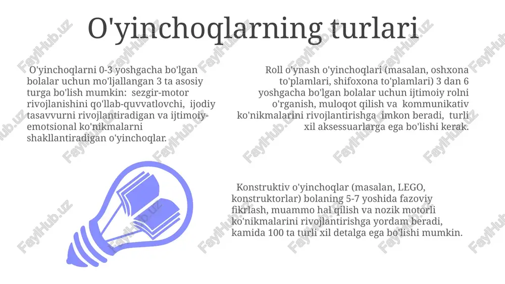 hoqlar – bu yig'ish va tartiblashga mo'ljallangan katta o'lchamli, yumshoq, rangi yorqin bo'lgan buyumlar bo'lib, ular mayda detallarga ega bo'lmasligi kerak. 3-6 yoshli bolalar uchun konstruktorlar, pazzllar (10-20 detalli), rol o'ynash uchun moslamalar kabi ta'limga yo'naltirilgan, ijodiy fikrlash va muammolarni echishni rivojlantiradigan o'yinchoqlar tavsiya etiladi. o'yinchoqlar orqali intellektual rivojlanish o'yinchoqlar yordamida bolaning mantiqiy fikrlash qobiliyati 3-7 yosh oralig'ida sezilarli darajada rivojlanadi, masalan, puzzle va konstruktorlar kabi o'yinchoqlar fazoviy tafakkur va muammo yechish ko'nikmalarini rivojlantiradi. matematik tushunchalarni o'rgatishda, masalan, sanash, qo'shish va ayirishni o'rgatishda, 5 yoshdan oshgan bolalar uchun maxsus mo'ljallangan raqamli o'yinchoqlar va didaktik qo'llanmalar samarali vosita bo'lib xizmat qiladi. rang-barang didaktik o'yinchoqlar, 1-3 yoshdagi bolalarda ranglarni, shakllarni va hajmlarni farqlash qobiliyatini rivojlantirishda muhim rol o'ynaydi, bu esa vizual idrok va miya faoliyatini yaxshilaydi. o'yinchoqlar va bolaning psixologik rivojlanishi rang-barang va turli teksturali o'yinchoqlar, 0-2 yoshli chaqaloqlarning vizual va sensorli rivojlanishiga yordam beradi, miya hujayralari o'sishi va neyron bog'lanishlarning shakllanishiga …