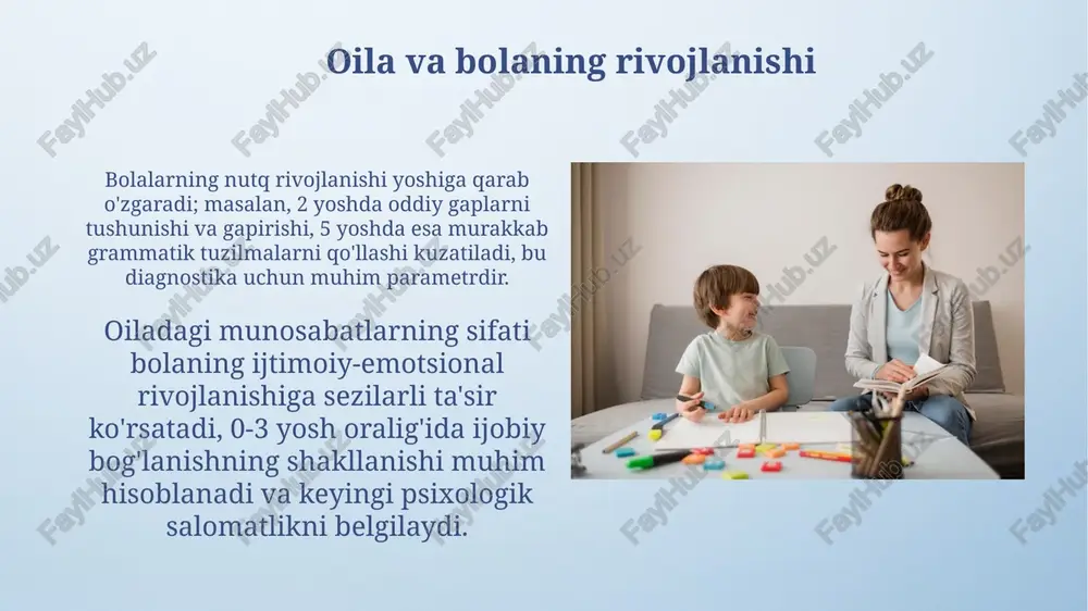 shning yoʻqolishi yoki jismoniy shikoyatlar. bolalar rivojlanishining bosqichlari bolaning 2 yoshgacha boʻlgan davrida sensor-motor rivojlanishi kuzatiladi, bu davrda asosiy rivojlanish vazifalari ob'ekt turg'unligi va ob'ektni izlash xatti-harakatlarini oʻz ichiga oladi. 7 yoshdan 11 yoshgacha boʻlgan konkret operatsiyalar davrida bolaning mantiqiy fikrlash qobiliyati rivojlanadi, ular konkret misollar bilan ishlashni, tasavvurlarni va sonlarni tushunishni oʻrganadilar. davolash va reabilitatsiya bolalarda kuzatilgan xulq-atvor buzilishlarini bartaraf etish uchun, 3 oylik davolash kursidan so'ng, 60% hollarda ijobiy natijalar kuzatiladi. bolalar psixologiyasi va psixodiagnostikada davolash va reabilitatsiya jarayonlari 5-10 yoshgacha bo'lgan bolalarda o'yin terapiyasi va san'at terapiyasi kabi usullarni qo'llashni o'z ichiga oladi. psixodiagnostika tushunchasi psixodiagnostika natijalari bolaning rivojlanish darajasini aniqlash, o'quv qiyinchiliklari yoki psixologik muammolarni aniqlash va individual ta'lim strategiyalarini ishlab chiqishda muhim rol o'ynaydi. psixodiagnostika bolaning psixologik xususiyatlari, intellektual qobiliyatlari va emotsional holatini aniqlash uchun 3 yoshdan 18 yoshgacha bo'lgan bolalarga qo'llaniladigan maxsus testlar va usullar majmuasidir. agressiya va zo'ravonlik agressiv xatti-harakatlarning 70% dan ortig'i …