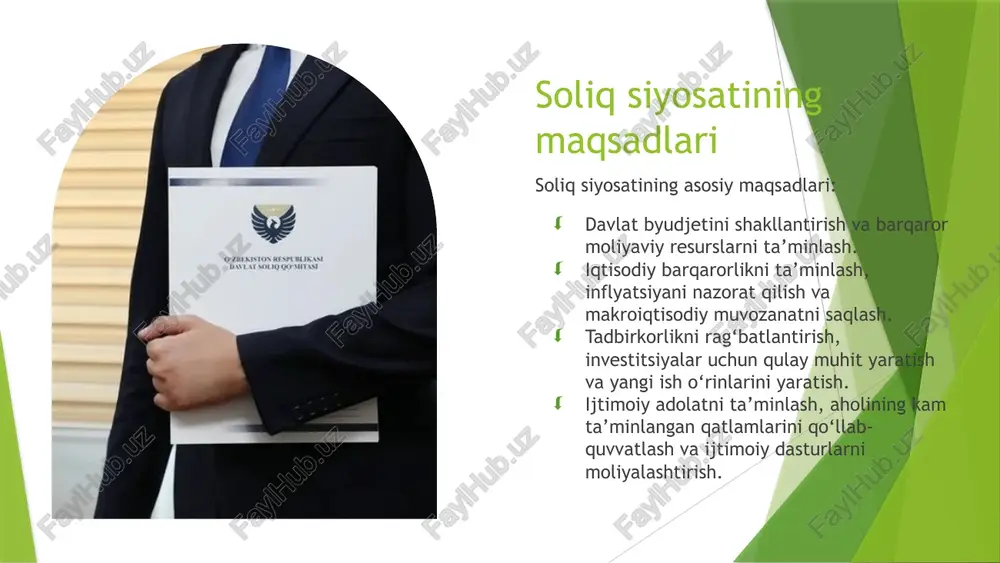 lari va yig‘ilish tartibi qonun hujjatlarida aniq ko‘rsatilgan bo‘lishi zarur. bu tamoyil fuqarolar va tashkilotlarning huquqiy barqarorligini ta’minlaydi adolatlilik tamoyili soliq yukini adolatli taqsimlashni ko‘zda tutadi. har bir fuqaro yoki tashkilotning moliyaviy imkoniyatlari hisobga olinib soliq stavkalari va majburiyatlar teng va adolatli bo‘lishi kerak tenglik tamoyili barcha soliq to‘lovchilar uchun teng sharoitlar yaratish. bu tamoyil soliq yukining ayrim sub’ektlar uchun oshirib yoki kamaytirilib qo‘yilmasligini ta’minlaydi aniqlik va barqarorlik tamoyili soliq qonunchiligi sodda tushunarli va o‘zgarishlarga barqaror bo‘lishi kerak. soliq to‘lovchilar o‘z majburiyatlarini oldindan bilishi va rejalashtirishi mumkin soliqlarni guruhlash – bu ularni turli mezonlarga ko‘ra tasniflash orqali soliqlar tizimini tartibga solishdir. soliqlarni guruhlash iqtisodiy faoliyatni tahlil qilish, soliqlarni samarali boshqarish va davlat byudjetini shakllantirishda muhim ahamiyatga ega soliqlarni guruhlashning asosiy mezonlari mavjud bo‘lib, ular orqali soliqlar turkumlarga ajratiladi birinchi mezon soliq tushumiga ko‘ra ajratishdir. bu bo‘yicha soliqlar daromad soliqlari, mol-mulk soliqlari va xarajat soliqlari kabi guruhlarga bo‘linadi ikkinchi mezon soliq …