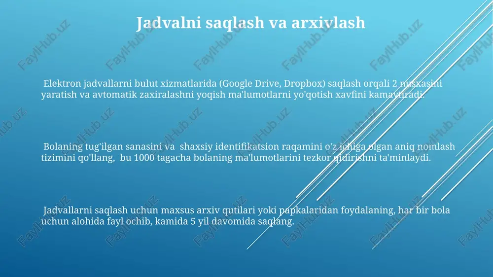 kasalliklarni ko'rsatishi mumkin. ota-onalar bilan muloqot va axborot almashish ota-onalar bilan kamida oyiga 2 marta muntazam uchrashuvlar o‘tkazib, bolaning rivojlanishi, sog‘lig‘i va o‘quv yutuqlari bo‘yicha batafsil ma’lumot almashish kerak. ota-onalarning fikr-mulohazalarini, bolaning uy sharoitidagi holatini bilish uchun so‘rovnomalar yoki qisqa suhbatlar orqali kamida yiliga 4 marta axborot to‘plash va ular bilan qo‘shma choralar ishlab chiqish muhim. har bir bola haqida kuzatuvlarni qayd qilish uchun elektron yoki qog‘oz shaklidagi shaxsiy fayl yuriting va ota-onalar bilan ushbu ma’lumotlarni muntazam ravishda muhokama qiling, kamida 3ta muhim ko‘rsatkichni ta’kidlang. nutq rivojlanishini kuzatish 2 yoshga kelib, bola kamida 50 ta so'zni bilishi va oddiy gaplarni qura olishi kerak. nutqni rivojlantirishni kuzatishda, grammatik tuzilmalarni, so'z birikmalarini va intonatsiyani hisobga olish lozim. nutq rivojlanishini baholashda, 3 yoshga kelib bola o'z fikrlarini izchil ifodalay olishi, savollara javob berishi va hikoya qila olishi kerakligini hisobga olish zarur; bu me'yorlarga rioya qilmaslik mutaxassisga murojaat qilishni talab qilishi mumkin. nutq rivojlanishini …