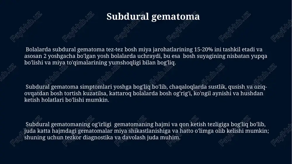 rlicha rivojlanmagan bo'ladi. davolash usullari reabilitatsiya jarayoni o'rtacha 3-6 oy davom etadi va logoped, fizioterapevt va psixolog kabi mutaxassislarning yordamini talab qiladi, va bu davolanish samaradorligini oshiradi. bosh miya chayqalishi diagnostikasi va davolashda klinik ko'rikdan tashqari, kt yoki mrt kabi tasvirlash usullaridan foydalaniladi, bu esa shikastlanish darajasini aniqlashga yordam beradi. shikastlanish darajasi 1-3 ball bilan baholanadi. bolalarda bosh miya shikastlanishlarini davolashda 1-3 kun ichida neyroxirurgik operatsiya zarurati 20-30% hollarda kuzatiladi, bu esa miya shishi va qon ketishini bartaraf etishga qaratilgan. bolalarda bosh miya shikastlanishining klinik ko‘rinishlari 6 yoshgacha boʻlgan bolalarda bosh miya shikastlanishi natijasida kelib chiqadigan epileptik xurujlar kattalarga nisbatan tez-tez uchraydi va uzoq muddatli oqibatlarga olib kelishi mumkin. bolalarda bosh miya chayqalishi koʻpincha xususiy simptomlarsiz, faqat 1-2 kun davom etadigan engil bosh ogʻrigʻi va uyquchanlik bilan namoyon boʻladi, lekin ogʻir holatlarda hushdan ketish va koʻngil aynishi kuzatiladi. kranio-tserebral travma oqibatida bolalarda intrakranial gematomalar tez rivojlanadi va hayot uchun xavfli …