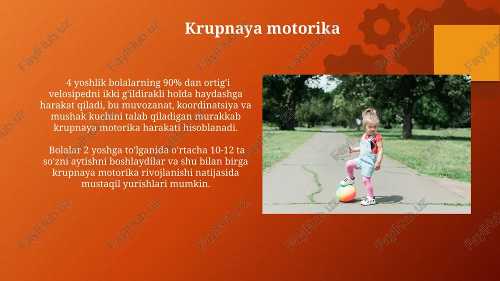 ib, miya rivojlanishini aks ettiradi. oʻn ikki yoshdan oʻn sakkiz yoshgacha boʻlgan davr oʻn ikki yoshdan oʻn sakkiz yoshgacha boʻlgan yoshlar suyak zichligi maksimal darajasiga yetadi, lekin yaxshi ovqatlanish va jismoniy faoliyat kalsiy va d vitaminining yetarli miqdorda qabul qilinishini ta'minlash muhim. oʻn ikki yoshdan oʻn sakkiz yoshgacha boʻlgan davrda qizlarda oʻrtacha 10-15 sm ga, oʻgʻil bolalarda esa 12-17 sm ga boʻy oʻsishi kuzatiladi, bu genetik omillar va gormonal oʻzgarishlar bilan bogʻliq. sogʻlom ovqatlanishning roli bolalar uchun zarur boʻlgan 4 ta asosiy oziq-ovqat guruhi: meva-sabzavotlar, don mahsulotlari, sut mahsulotlari va oqsillar. ularning muvozanatli iste'moli toʻgʻri jismoniy rivojlanishni ta'minlaydi. sogʻlom ovqatlanish bolaning suyak zichligi va boʻyi oʻsishida muhim rol oʻynaydi. masalan, kaltsiy va d vitamini yetishmasligi 30% gacha boʻlgan oʻsish sekinlashuviga olib kelishi mumkin. bosh aylanasining oʻsishi bosh suyagining tiklari tug'ilishdan keyin asta-sekin birlashadi va 18 oyligiga kelib, boshning shakli ancha mustahkamlashadi. bolaning bosh aylanasi tugʻilishda taxminan 34-35 sm ni tashkil …