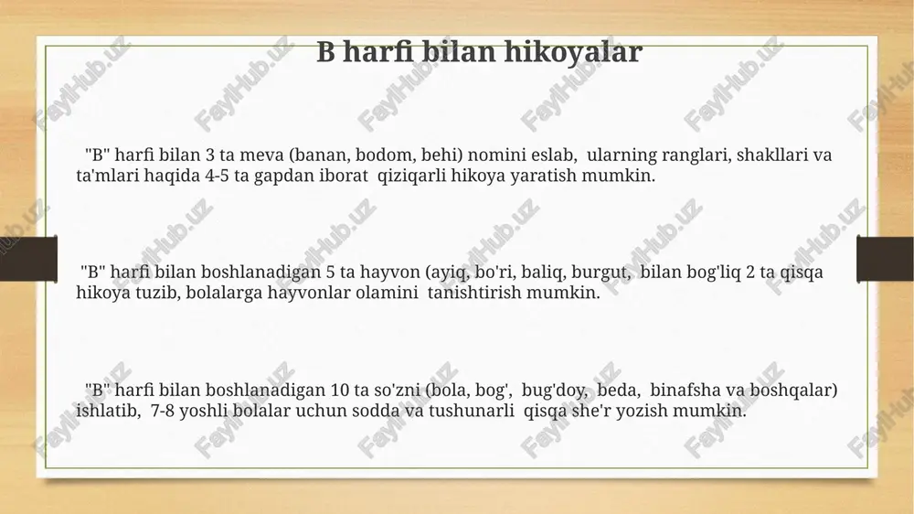 ahkamlashda, bolalarga 20 ta so'zdan iborat ro'yxat berib, ularni "b" harfi bilan boshlanadigan so'zlarni topish vazifasini berish samarali usul hisoblanadi. bu ularning so'z boyligini oshiradi. b harfi bilan qo'shiqlar "b" harfi bilan boshlanadigan qo'shiqlarning aksariyati sodda, takrorlanuvchi matn tuzilishiga ega bo'lib, bu bolalar uchun yod olishni osonlashtiradi va 3-7 yosh oralig'idagi bolalar uchun mos keladi. o'zbek xalq qo'shiqlari orasida "b" harfi bilan boshlanadigan kamida 2 ta an'anaviy qo'shiq mavjud, ularning musiqiy ohanglari va lirik mazmunlari turlicha. "b" harfi bilan boshlanadigan 5 tadan ortiq qo'shiqni o'z ichiga olgan bolalar uchun 2 ta mashhur albom mavjud bo'lib, ularning har birida 10 dan ortiq qo'shiq ijro etiladi. e'tiboringiz uchun rahmat @taqdimot_robot image3.png image4.png