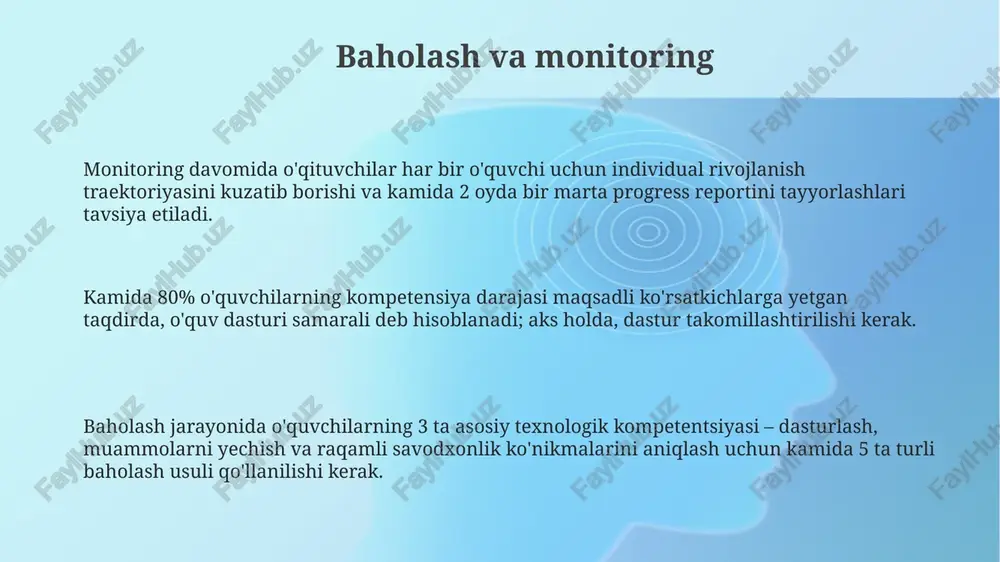 iqlash va ularni oʻquv rejasiga integratsiya qilish muhimdir. oʻqituvchilarni tayyorlash va qayta tayyorlash oʻqituvchilarni kompetensiyaga asoslangan yondashuv boʻyicha 50 soatlik maxsus trening kurslaridan oʻtkazish, ularning amaliy koʻnikmalarini 20% ga oshirishga qaratilgan. boshlangʻich taʼlimdagi texnologiyalar boʻyicha 100 dan ortiq oʻqituvchining kompetensiyalariga asoslangan malaka oshirish dasturi ishlab chiqilishi va sinovdan oʻtkazilishi kerak. oʻqituvchilarni qayta tayyorlash jarayonida, interaktiv oʻquv materiallari va yangi texnologiyalarni qoʻllash boʻyicha 3 ta modulni oʻz ichiga olgan amaliy mashgʻulotlarni tashkil etish zarur. e'tiboringiz uchun rahmat @taqdimot_robot image1.png