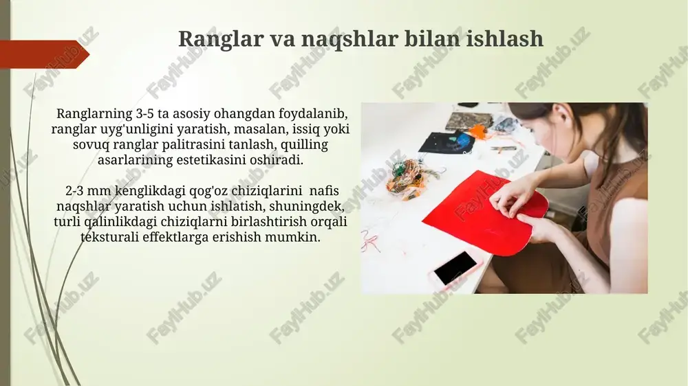 kon beradi. kompozitsiyaning markaziy nuqtasini aniqlash va shu nuqta atrofida 2-3 ta asosiy elementni joylashtirish, tomoshabinning e’tiborini jalb qilishga yordam beradi. quillingning foydalari kvilling bolalarni 3d fikrlash qobiliyatini rivojlantiradi, nozik motorikani yaxshilaydi va 5 yoshdan 12 yoshgacha bo'lgan bolalar uchun ajoyib qo'l mehnati faoliyati hisoblanadi. kvilling yordamida turli xil geometrik shakllarni, masalan, 6 ta uchburchak yoki 8 ta kvadratdan murakkab kompozitsiyalarni yaratish mumkin, bu esa matematik tushunchalarni rivojlantirishga yordam beradi. kvillingga kirish kvilling texnikasida spiral shakllarni yaratish uchun maxsus vositalar, masalan, igna yoki kvilling tayoqchalari qo'llaniladi. ular bilan 7 dan ortiq turdagi spiral yaratish mumkin. tayyor kvilling elementlarini yopishtirish uchun pva elim yoki maxsus kvilling yelimi ishlatiladi. bunda, 1-2 mm oralig'ida ehtiyotkorlik bilan yopishtirish lozim. o'ziga xos dizaynlar yaratish quilling texnikasida 3 dan 5 mm gacha bo'lgan qog'oz chiziqlaridan foydalanib, 10 dan ortiq turdagi o'ziga xos shakllar yaratish mumkin, bu esa murakkab kompozitsiyalarni shakllantirish imkonini beradi. turli rangdagi qog'oz chiziqlarni …