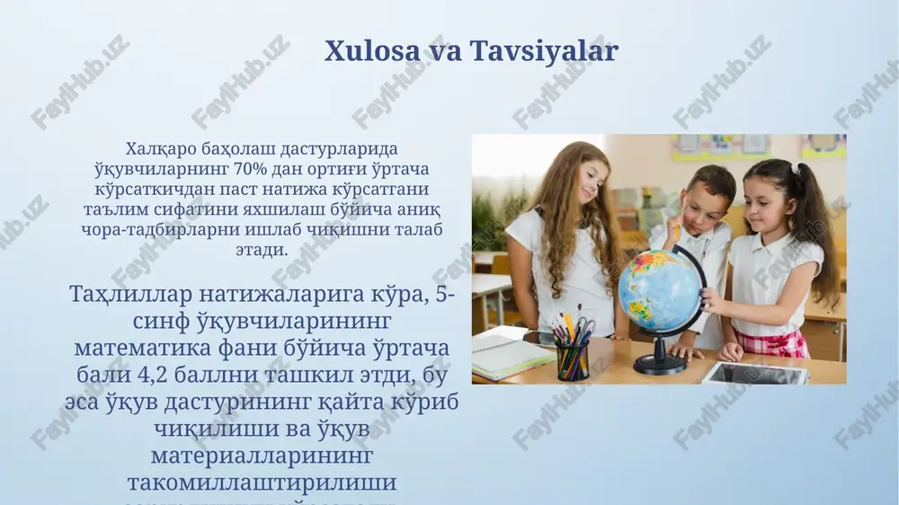 sh mumkin boʻladi, bu taʼlim sifatini yaxshilaydi. oʻquvchilarning 70% dan ortigʻi muntazam baholash natijalari asosida oʻz kamchiliklarini aniqlab, ularni bartaraf etishga harakat qilishadi, bu esa oʻz-oʻzini boshqarish koʻnikmalarini rivojlantiradi. kelajak rejalari va strategiyalar taqdimotda keltirilgan maʼlumotlarga koʻra, 2024-yilda 30 ta boshlangʻich maktabda sinov sifatida 8 ta xalqaro baholash dasturi joriy etiladi va natijalar tahlil qilinadi. “kelajak rejalari va strategiyalar” doirasida oʻtkazilgan tadqiqotlar shuni koʻrsatdiki, oʻqituvchilarning malakasini oshirish kurslariga qatnashish darajasi 60% ga yetgan va bu oʻquv jarayoniga ijobiy taʼsir koʻrsatgan. oʻqituvchilar uchun tavsiyalar dars jarayonida kamida 3 xil baholash usulini (masalan, og'zaki, yozma, amaliy) qo'llash orqali o'quvchilarning turli ko'nikmalarini aniqlashga harakat qiling. xalqaro standartlarga muvofiq, baholash mezonlarini aniq va tushunarli qilib, har bir mezon uchun 4 ballik shkala (yoki boshqa shkala) qo'llang. e'tiboringiz uchun rahmat @taqdimot_robot image4.png image5.jpg image6.jpg image7.jpg image8.jpg image9.jpg image10.jpg image11.jpg image12.jpg image13.jpg image14.jpg image15.jpg image16.jpg image3.jpeg