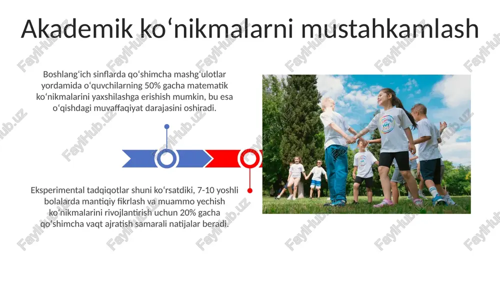 uvvatlash muhimdir. ijtimoiy-emotsional rivojlanishni baholashda, bolaning 4 ta asosiy faoliyat turi (sport, san’at, musiqa, intellektual oʻyinlar)ga boʻlgan munosabatini tahlil qilish orqali, uning qiziqishini aniqlash mumkin. bolaning qiziqishlarini aniqlash va rivojlantirish jismoniy sogʻlomlik va jismoniy faollikni taʼminlash jismoniy tarbiya darslari va qoʻshimcha mashgʻulotlar orqali bolalarning 75% da yurak-qon tomir tizimining faoliyatini yaxshilash va chidamlilikni oshirishga erishiladi. boshlangʻich sinf oʻquvchilarining kuniga kamida 60 daqiqa jismoniy faollik bilan shugʻullanishi, sogʻlom turmush tarzini shakllantirishga yordam beradi va semirish xavfini kamaytiradi. oila va maktabning hamkorligi oila va maktabning hamkorligi, bolaning ekstrakurrikulyar faoliyatlarga jalb etilish darajasini 20% ga oshirishga yordam beradi, bu esa o‘quv natijalarining 15% yaxshilanishiga olib kelishi mumkin. maktab va oila o'rtasidagi muntazam aloqa (masalan, oyiga kamida 2 marta uchrashuvlar) orqali, bolaning ekstrakurrikulyar faoliyatlardagi muvaffaqiyatlarini kuzatish va kerakli qo'llab-quvvatlashni ta'minlash mumkin, bu esa 10-15% ga yuqori natijalarga erishish imkoniyatini beradi. ijodiy qobiliyatlarni rivojlantirish ranglar, shakllar va tovushlardan foydalanib, 2-3ta turli xil hikoya yaratish orqali …