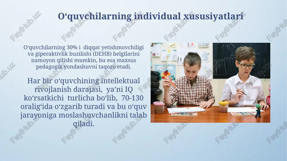 r, amaliy topshiriqlar, kuzatuvlar) qoʻllanilishi samaradorlikni 20% ga oshiradi. oʻqitish uslublari va ularning taʼsiri muvaffaqiyatli oʻqitishning 3 asosiy omili: aniq maqsad qoʻyish, individual yondashuv va oʻquv jarayonining muntazam baholanishi hisoblanadi. oʻquvchilarning 70%i amaliy mashgʻulotlar orqali maʼlumotni yaxshiroq oʻzlashtirishi isbotlangan boʻlib, bu interaktiv oʻqitish usullarining samaradorligini koʻrsatadi. oʻqituvchining roli va masʼuliyati oʻqituvchi, oʻquv jarayonini samarali boshqarish uchun diagnostika, differentiatsiya va individual yondashuv kabi zamonaviy pedagogik texnologiyalarni qoʻllab, oʻquvchilarning kamida 85% faol ishtirokini taʼminlashi kerak. oʻqituvchi, oʻquvchilarning kognitiv rivojlanishiga 70% gacha taʼsir koʻrsatadi va ularning bilim, koʻnikma va qobiliyatlarining shakllanishida hal qiluvchi rol oʻynaydi, shuning uchun pedagogik mahoratiga yuqori talablar qoʻyiladi. ota-onalar bilan hamkorlik onlayn platformalar orqali ota-onalar bilan muntazam aloqa o'rnatish (haftasiga kamida 1 marta axborot xabarnomalari yuborish) o'quv jarayoni va farzandlari yutuqlari haqida tezkor va samarali ma'lumot almashinuvini ta'minlaydi. ota-onalarning farzandlari ta'limi jarayoniga faol jalb etilishi, masalan, 5-10% darslarga qatnashishlari yoki uy vazifalarini birgalikda bajarish, o'quv natijalarini 15-20% ga oshirishi …