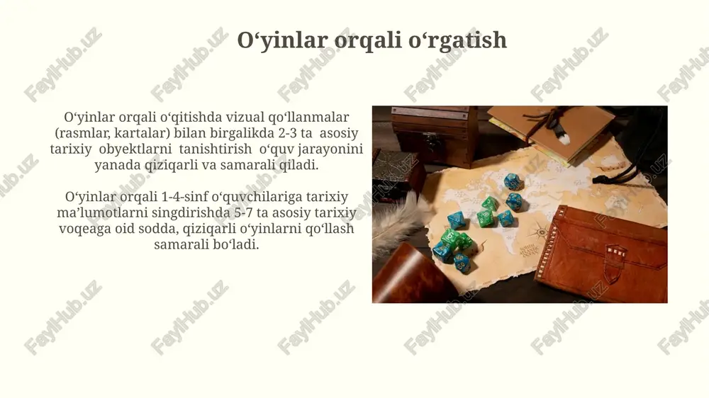 dagi turmush tarzi, odamlarning kiyimlari, 18-19 asrlardagi me'morchilik haqidagi bilim va tushunchalarini boyitadi. boshlangʻich sinflarda tarix oʻqitishning oʻziga xos xususiyatlari boshlangʻich sinflarda tarixni oʻqitishda oʻquvchilarning faol ishtiroki, masalan, 3-4 kishilik guruhlarda loyihalar ustida ishlash, muhokama va rollarni oʻynash kabi usullar samarali hisoblanadi. boshlangʻich sinflarda tarixni oʻrgatishda 5-7 yoshli bolalar uchun moslashtirilgan sodda va rang-barang vositalardan, masalan, rasmlar, oʻyinlar va qoʻgʻirchoq teatri kabi usullardan foydalanish muhimdir. taqqoslash va tahlil qilish tarixiy voqealarni 2-3 ta asosiy faktga qisqartirish va ularni bolalarga tushunarli tarzda bayon qilish, tahlil qilishni osonlashtiradi. oʻquv jarayonida "vaqt oʻqi" kabi vizual vositalardan foydalanish, tarixiy voqealarni xronologik tartibda joylashtirish va tahlil qilishda yordam beradi. amaliy mashgʻulotlar tarixiy rasmlar, xaritalar va buyumlarning nusxalarini qoʻllash orqali bolalarning 20 ta soʻzdan iborat hikoyalar tuzish, 5 ta savol berish kabi faoliyatlarini rivojlantirish mumkin. amaliy mashgʻulotlarda 10 ta turli xil tarixiy manbalardan (rasmlar, buyumlar, matnlar) foydalanib, bolalarning kuzatuv koʻnikmalarini, mantiqiy fikrlash qobiliyatini va ijodkorligini oshirishga …