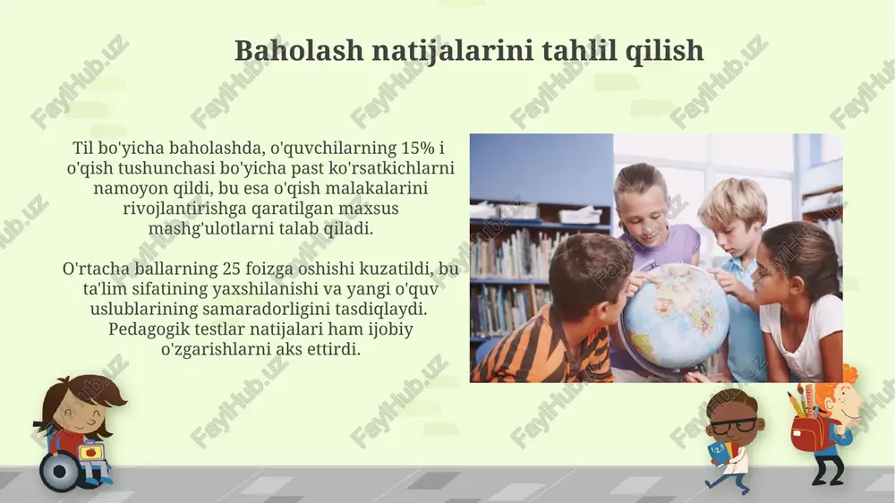 cha bo'lgan bolalarni kognitiv rivojlanishini o'lchaydigan yangi testlarning joriy etilishi kutilmoqda, bu esa taqqoslash imkoniyatlarini 20% ga oshiradi. oʻquvchilarning bilim va koʻnikmalarini baholash oʻquvchilarning 40%i matematika testlarida 70% dan yuqori ball toʻplagan boʻlsa, dasturning samaradorligi yuqori deb baholanadi. ona tili va adabiyoti boʻyicha baholashda 3 ta asosiy koʻnikma: oʻqish, yozish va tushunish koʻrsatkichlari hisobga olinadi. baholashning maqsadi va vazifalari xalqaro taqqoslash orqali olingan natijalar, milliy taʼlim siyosatiga 5 yilga moʻljallangan strategik oʻzgarishlar kiritish va taʼlim mazmunini takomillashtirish uchun muhim maʼlumotlar manbai hisoblanadi. baholash vazifalaridan biri – oʻquvchilarning bilim, koʻnikma va malakalarini 3 ta asosiy yoʻnalish (oʻqish, yozish, matematika) boʻyicha baholash va ularning kuchli va kuchsiz tomonlarini aniqlashdir. ishlatilayotgan baholash vositalari boshlangʻich sinflarda oʻquvchilarning bilim va koʻnikmalarini baholashda testlar, imtihonlar, amaliy topshiriqlar kabi 3 xil asosiy vositalar qoʻllanilib, har birining natijalari 100 ball shkalasi boʻyicha baholanadi. kuzatuvlar, portfellar va loyihalar orqali oʻquvchilarning 5 ta asosiy kompetensiyasi, jumladan, muloqot, muammolarni yechish va …