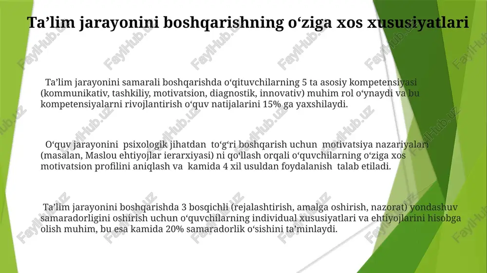 h va baholash) mavjud bo’lib, har bir bosqich talabalar va jamoaning psixologik xususiyatlarini hisobga olgan holda amalga oshirilishi kerak. qaror qabul qilish jarayonidagi psixologik omillar guruh bosimi ta'siri natijasida shaxslar o'zlarining fikrlarini 50% ga yaqin hollarda ko'pchilik fikriga moslashtirishadi va shaxsiy nuqtai nazarlarini e'tiborsiz qoldiradilar, bu esa suboptimal qarorlarga olib kelishi mumkin. kognitiv dissonans kabi psixologik hodisa, qaror qabul qilingandan keyin o'z tanlovini oqlashga, yangi ma'lumotlarni rad etishga va 30% gacha holatlarda qarorning salbiy oqibatlarini inkor etishga olib kelishi mumni. qaror qabul qilishda 70% gacha holatlarda hissiy omillar, masalan, qo'rquv yoki umid, ratsional tahlildan ustun keladi, bu esa noto'g'ri baholashga olib kelishi mumkin. motivatsiya va rag‘batlantirishning psixologik asoslari rag‘batlantirishning samaradorligi, mukofotlarning adolatliligi va shaxsning individual xususiyatlarini hisobga olishga bog‘liq bo‘lib, taxminan 50% gacha ish unumdorligini oshirishga yordam beradi. motivatsiya jarayonida 3 ta asosiy ehtiyoj turi – fiziologik, ijtimoiy va o‘z-o‘zini anglash ehtiyojlari muhim rol o‘ynaydi, ularning qondirilishi xodimlar samaradorligini 20% …