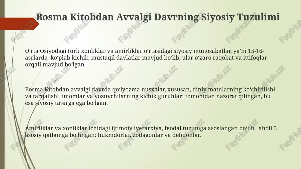 itobdan avvalgi davrda, taxminan 15-asrga qadar, qo'lyozma kitoblarning kam sonligi va yuqori narxlari tufayli savodxonlik darajasi juda past bo'lgan. o'rta osiyodagi mahalliy hunarmandchilik va dehqonchilik asosiy iqtisodiy faoliyatlar bo'lib, 80% dan ortiq aholini qamrab olgan va ijtimoiy tuzumni aniqlagan. 16-asr boshlariga kelib, shaharlarda ba'zi ijtimoiy guruhlar orasida yangi kasblar, masalan, savdo va hunarmandchilik sohasidagi rivojlanish kuzatilgan, ammo qishloq aholisi asosan qishloq xo'jaligiga bog'liq bo'lib qolgan. e'tiboringiz uchun rahmat @taqdimot_robot