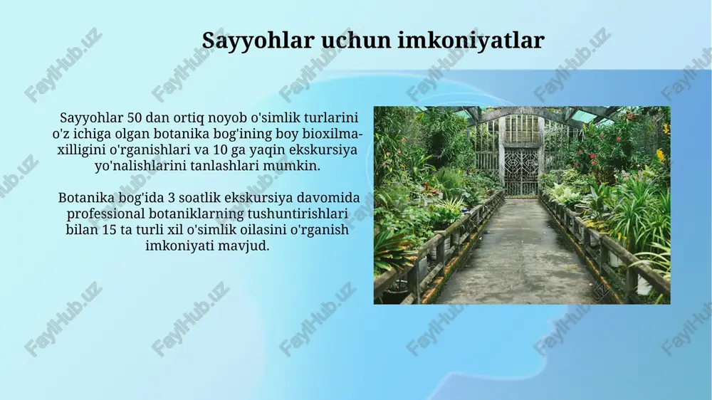 to'g'risidagi ma'lumotlar bazasini raqamlashtirishni va onlayn-resurs sifatida ishga tushirishni, 5000 dan ortiq yozuvlarni o'z ichiga olgan holda, rejalashtirmoqdamiz. noyob va endemik turlar noyob va endemik oʻsimlik turlarining 30 dan ortiq turi, jumladan, faqat oʻzbekiston hududida uchraydigan 10 ga yaqin endemik tur, botanika bogʻida muhofaza qilinadi. botanika bogʻida noyob va endemik turlarni saqlash boʻyicha amalga oshirilayotgan tadbirlar ularning genetik xilma-xilligini saqlashga va kelajak avlodlar uchun himoya qilishga qaratilgan. e'tiboringiz uchun rahmat @taqdimot_robot image2.jpg image3.jpg image4.jpg image5.jpg image6.jpg image7.jpg image8.jpg image9.jpg image10.jpg image11.jpg image12.jpg image13.jpg image1.png