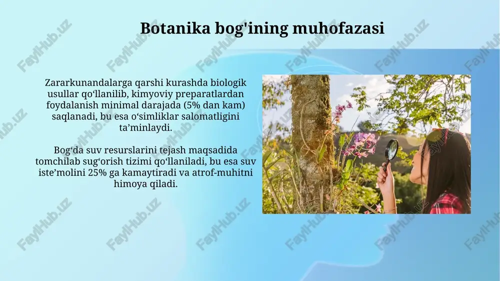 xtlarning balandligi 15 metrdan oshadi va ularning yoshi 50 yildan ortiq bo'lishi mumkin, bu ularning uzoq umr ko'rishini ko'rsatadi. sayohat davomida kuzatilgan o'simliklar kuzatilgan o'simliklarning 30% dan ortig'i xerofitlar guruhiga mansub bo'lib, quritishga chidamliligi bilan ajralib turadi. sayohat davomida 15 turdan ortiq daraxtsimon o'simliklar, jumladan, 5 turi archa va 3 turi eman kuzatildi, ularning balandligi o'rtacha 8-12 metrni tashkil etdi. botanika bog'i sayohatining maqsadi botanika bogʻi sayohati oʻsimliklarning 100 dan ortiq turlarini, shu jumladan noyob va endemik turlarni oʻrganish, ularning morfologik xususiyatlari va ekologik ahamiyatini tushunish maqsadida oʻtkaziladi. ekskursiya natijasida ishtirokchilar oʻsimliklarning 20 ta turini aniqlash, ularning sistematikasi va taksonomiyasi boʻyicha bilim va koʻnikmalarini oshiradilar. o'simliklarning xilma-xilligi bogʻda 10 ga yaqin turli-tuman oʻsimlik oilalari namoyish etiladi, shu jumladan, poaceae (donlilar), rosaceae (gullilar) va fabaceae (dukkaklilar) oilalarining koʻplab vakillari mavjud. oʻsimliklarning 300 dan ortiq turi, jumladan, noyob va endemik turlar, botanika bogʻida oʻstiriladi, ularning morfologik xususiyatlari oʻrganiladi. o'simliklarning tibbiy ahamiyati ayrim …