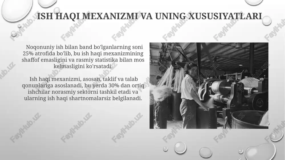 ktor ishchilari bu statistikada hisobga olinmaydi. mavsumiy ishsizlik, masalan, qishloq xo'jaligida yoki turizmda kuzatiladi va yiliga taxminan 5% ni tashkil qilishi mumkin. bu ishchilarning malaka yetishmasligi bilan bog'liq emas. kasb tanlash va malaka oshirish kasb tanlashda 70% dan ortiq yoshlar oilaviy an'analar va mahalliy talablarga tayanadi, faqat 30% bozor talabini o'rganadi. malaka oshirish kurslariga qatnashish 25% ga yaqin ishchilarning ish haqini 15-20% ga oshirishga yordam beradi. bozor iqtisodiyotidagi mehnat bozori ta'rifi ishsizlik darajasi 10% atrofida bo‘lib, bu yosh avlod va ayol mehnatiga talabning pastligi bilan bog‘liq. mehnat bozorining 30%ini norasmiy sektor egallaydi, bu esa ish haqi to‘lanmasligi va ijtimoiy himoyalarning yo‘qligi bilan tavsiflanadi. e'tiboringiz uchun rahmat @taqdimot_robot image3.png image4.jpg image5.jpg image6.jpg image7.jpg image8.jpg image9.jpg image10.jpg image11.jpg image12.jpg image13.jpg image14.jpg image15.jpg image1.png