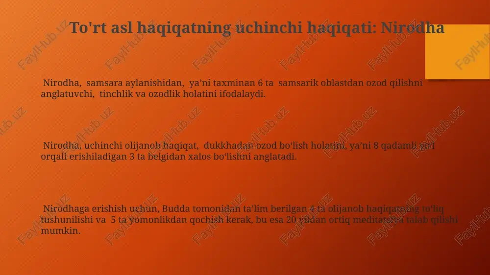 rupadhatu orqali amalga oshirilishi mumkin, deb hisoblanadi. nirvana: istaklardan xalos bo'lish “i̇staklardan xalos bo'lish” tushunchasi 8 o'rinli yo'lning to'g'ri tushuncha va meditatsiya kabi 5 ta elementi orqali amalga oshiriladi. nirvana, buddist falsafasida 3 ta asosiy xususiyatga ega: istaklardan xalos bo'lish, samsaradan ozodlik va nihoyatda tinchlik holati. nirvana, o'limdan keyingi holat emas, balki 7 ta buddist maqsadiga erishilganidan keyin insonning ichki holati sifatida tushuniladi. budda ta'limoti haqida kirish budda ta’limoti, 4 asosiy haqiqatga asoslangan bo‘lib, ular inson azob-uqubatlarining sabablari va ularni bartaraf etish yo‘llarini tushuntiradi, shuningdek, 8ta to‘g‘ri yo‘l orqali nirvanaga erishish mumkinligini ta’kidlaydi. buddist falsafasining markazida, samsara siklini uzish va nirvanaga erishish orqali azob-uqubatlardan xalos bo‘lish g‘oyasi yotadi, bu esa 3 ta asosiy qismga bo‘linadi: o'z-o'zini anglash, meditatsiya va axloqiy tarbiya. buddaning ta’limoti, san'at, adabiyot va falsafa kabi turli sohalarga katta ta'sir ko'rsatib, ming yillar davomida millionlab odamlarning hayotini o'zgartirgan va dunyo madaniyatiga sezilarli hissa qo'shgan. xulosa va yakunlovchi fikrlar …
