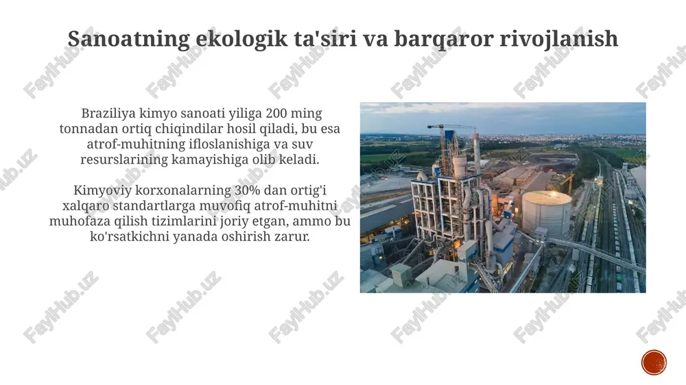 llik 30 milliard litr hajmlarga yetgan boʻlib, bu avtomobil yoqilgʻisi sifatida foydalanish va kimyoviy xom ashyo sifatida qayta ishlanish imkoniyatlarini kengaytirmoqda. braziliya kompaniyalari vodorod energiyasini ishlab chiqarish va saqlash boʻyicha innovatsion loyihalarni amalga oshirmoqda, bu esa kelgusi 5 yilda kimyoviy jarayonlarda 15% gacha energiya tejashga olib kelishi mumkin. asosiy kimyoviy mahsulotlar braziliya, yillik 5 million tonnadan ortiq ishlab chiqarish hajmi bilan, janubiy amerikada eng yirik o'g'it ishlab chiqaruvchi hisoblanadi, bu esa o'simliklar o'sishi va qishloq xo'jaligining rivojlanishi uchun muhim hisoblanadi. braziliya kimyo sanoati yiliga 150 milliard aqsh dollaridan ortiq qiymatga ega bo'lgan asosiy kimyoviy mahsulotlar, jumladan, o'g'itlar, polimerlar va petrokimyo mahsulotlarini ishlab chiqaradi. farmatsevtika sanoati braziliya farmatsevtika bozorida mahalliy va xalqaro kompaniyalar raqobatlashmoqda, bu esa innovatsiyalar va narxlarning pasayishiga olib keladi. mamlakatda 600 dan ortiq farmatsevtika korxonasi faoliyat yuritadi, ularning aksariyati generik dori vositalarini ishlab chiqarishga ixtisoslashgan. braziliya kimyo sanoati: umumiy nuqtai braziliya jahon miqyosida bioyoqilg'i ishlab chiqarish bo'yicha etakchi …