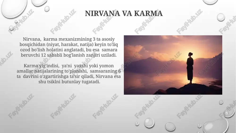 oshirilishini 8 ta qadam ko'rsatadi. nirvana, 8 ta to'g'ri yo'l va 5 ta agregat (skandha) kabi tushunchalar bilan chambarchas bog'liq bo'lib, samādhi holatini o'z ichiga oladi. nirvana va orzu-umidlar buddizmda nirvana, 4 ta asl haqiqatni tushunish orqali 5 skandhalarning (tanasi, hissiyot, hissiyot, fikr, ong) vaqt o'tishi bilan o'zgaruvchanligini anglash va shu bilan orzu-umidlarning bekorligini bildiradi. nirvana, 8 ta o'ng yo'l va 5 ta yig'ilishdan iborat o'rta yo'l tamoyillari orqali orzu va umidlarning bekor bo'lishini anglatadi, shu bilan ruhiy ozodlikka erishiladi. nirvana: o'limdan keyingi hayot nirvana, buddistlarning ta’limotiga ko‘ra, 3 ta asosiy belgisi bilan tavsiflanadi: samsara aylanishidan ozod bo‘lish, azob-uqubatlardan xalos bo‘lish va nihoyatda tinchlik holati. nirvana holatiga erishish uchun buddistlar 8ta to‘g‘ri yo‘lni – to‘g‘ri tushuncha, fikr, so‘z, ish, hayot, harakat, e’tiqod va diqqatni rioya qilishlari kerak. nirvana haqidagi turli qarashlar nirvana haqida bir qancha ta’riflarning mavjudligi, xususan, 8 ta asosiy yo‘l (ariyashta marg) orqali unga erishish mumkinligi haqidagi ta’limotlar …