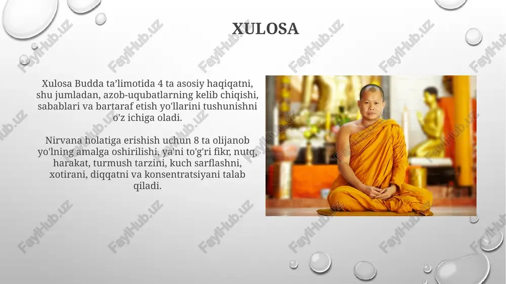 a va hayot nirvana hayotdan keyingi 37 ta buddist amaliyotlaridan ozod bo‘lish holati sifatida tasvirlanadi, bu esa ongning to‘liq tinchlanishi va azob-uqubatlardan xalos bo‘lishni anglatadi. nirvana, budda ta’limotiga ko‘ra, 8 ta o‘ng yo‘lning 4 ta asosiy haqiqatiga amal qilish orqali erishiladigan, 100% samimiylikka erishish maqsadi hisoblanadi. buddizmga kirish buddizmda 4 olijanob haqiqat, inson azoblarining 3 sababi (ishq, nafrat, jaholat) va ularni bartaraf etish yo‘llarini tushuntiradi. nirvana – bu budda ta’limotida 8 qadamli yo‘l orqali erishiladigan ozodlik holati bo‘lib, samsara aylanishidan xalos bo‘lishni anglatadi. nirvana nima? nirvana, budda ta’limotida 8 yo‘lli yo‘l orqali erishiladigan, 3 ta zahardan (tamagirlik, nafrat va xayollar) xalos bo‘lish holatidir. nirvana, samsara aylanish doirasi, ya’ni 6 ta olamlarning cheksiz reenkarnatsiyasi tugashi demakdir; bu muayyan bir holat emas, balki jarayondir. nirvana va o'lim nirvana, buddist falsafasida, samsara (qayta tug‘ilish) tsiklidan ozod bo‘lishni anglatadi, bu esa 6 ta ong darajasining to‘liq yengilishi orqali erishiladi. nirvana faqatgina o‘limdan keyin emas, …