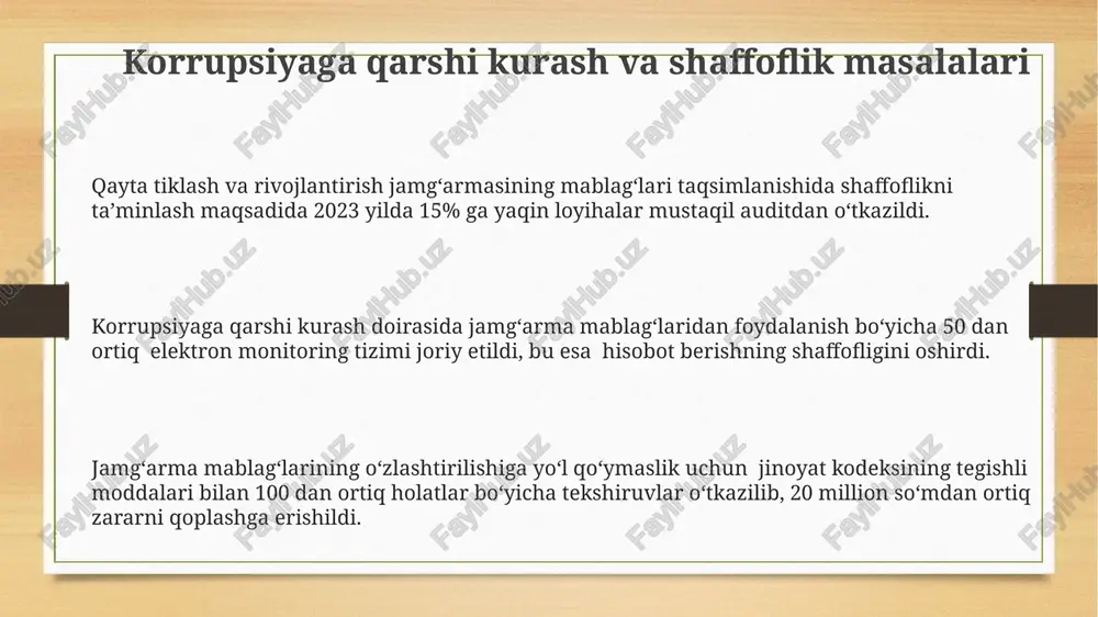 rizm va sanoatni qoʻllab-quvvatlash orqali 10 yil ichida yalpi ichki mahsulotni 15% ga oshirishdan iborat. qayta tiklash va rivojlantirish jamgʻarmasining byudjet tizimidagi oʻrni qayta tiklash va rivojlantirish jamgʻarmasi davlat byudjetidan ajratiladigan mablagʻlarning 15% gacha miqdorini oʻz ichiga olishi va infratuzilma loyihalarini moliyalashtirishda muhim rol oʻynashi mumkin. byudjetning 5% dan ortiq qismini tashkil etadigan jamgʻarma, davlat-xususiy sheriklik loyihalarini qoʻllab-quvvatlash orqali iqtisodiyotning turli sohalariga 100 milliard soʻmdan ortiq mablagʻ jalb qilishi mumkin. jamgʻarma orqali amalga oshiriladigan investitsiyalar yalpi ichki mahsulot (yaim) oʻsish sur’atlariga 2-3% gacha ta’sir koʻrsatishi va mintaqalararo tengsizlikni kamaytirishga hissa qoʻshishi mumkin. byudjet mablagʻlarining jamgʻarmaga ajratilishi mexanizmi jamgʻarmaga ajratmalar, davlat dasturlari va strategik ahamiyatga ega loyihalarni moliyalashtirishga qaratilgan boʻlib, 20% gacha ulushi grantlar shaklida berilishi mumkin. byudjet mablagʻlarining jamgʻarmaga ajratilishi, 15% gacha boʻlgan ulushni tashkil etadigan maxsus ajratmalar orqali amalga oshiriladi, bu miqdor har yili parlament tomonidan tasdiqlanadi. byudjet mablagʻlarining jamgʻarmaga oʻtkazilishi, moliya vazirligi tomonidan nazorat qilinadi va har chorakda …