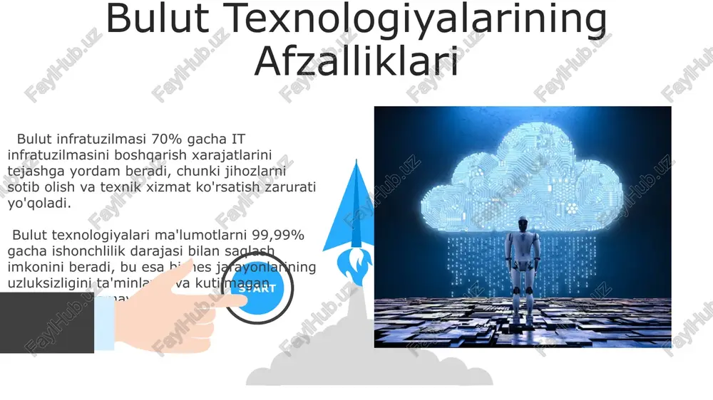 armoqlar va saqlash resurslarini taqdim etib, foydalanuvchilarga infratuzilmani to'liq boshqarish imkoniyatini beradi. saas modeli, o'rtacha 1000 dan ortiq foydalanuvchini qo'llab-quvvatlab, mijozlarga bulut orqali dasturlarni, masalan, crm yoki elektron pochta xizmatlarini, o'rnatish va boshqarish zarurati holda taqdim etadi, bundan tashqari, avtomatik yangilanishlarni ta'minlaydi. 06 05 04 bulut texnologiyalarining qo'llanilishi 01 02 big data tahlili uchun bulutli echimlar pb hajmidagi ma'lumotlarni qayta ishlashga imkon beradi va sun'iy intellekt algoritmlarini qo'llash uchun keng imkoniyatlar yaratadi. bulut texnologiyalari yordamida korxonalar xarajatlarini 30% gacha kamaytirish mumkin, chunki infratuzilma va dasturiy ta'minotga sarflanadigan mablag'lar optimallashtiriladi. bulutni boshqarish va monitoring bulut infratuzilmasini monitoring qilish uchun 24/7 ishlashga qodir bo'lgan avtomatlashtirilgan tizimlar, masalan, snmp va apm vositalari orqali 99,99% uptime kafolatini ta'minlash mumkin. bulut resurslarini boshqarishda, xarajatlarni optimallashtirish uchun avtomatik o'lchovlash (autoscaling) texnologiyalari yordamida 15% gacha tejash mumkin, bu esa 300 ta server uchun yillik 100,000$ dan ortiq tejashni ta'minlaydi. bulut xavfsizligi va maxfiyligi bulutdagi ma'lumotlarning yo'qolishi yoki …