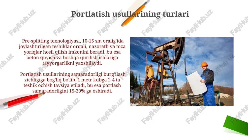 tlatish ishlari uchun ishlatiladigan portlovchi moddalar, masalan, ammonitlar yoki emulsiyalar, har xil zichlik va kuchga ega bo'lib, ularning tanlovi geologik sharoit va qazib olinadigan jins turiga bog'liq. katta diametrli burg'ulash uchun diametri 150 mm dan yuqori bo'lgan burg'ilar va maxsus qattiq qotishmali uchlar qo'llaniladi, bu esa yirik konlarni samarali qazib olish imkonini beradi. iqtisodiy samaradorlik portlash usuli bilan burg'ilash o'rtasidagi iqtisodiy samaradorlikni taqqoslashda, portlash ishlari katta hajmdagi tog' jinslarini qazib olishda 30% ga arzonroq bo'lishi mumkin, ammo tayyorgarlik xarajatlari hisobga olinishi kerak. katta hajmdagi loyihalarda, portlash usuli bilan 1000 m³ tog' jinsini qazib olishda 20% gacha vaqt tejash mumkin, bu esa umumiy iqtisodiy samaradorlikni oshiradi, lekin ekologik zararlarni ham hisobga olish zarur. xavfsizlik choralari portlatishdan oldin va keyin 100 metr radiusdagi hududni ogohlantiruvchi belgilar va to'siqlar bilan belgilab qo'yish, shuningdek, hududni mutaxassislar tomonidan tekshirib chiqish talab etiladi. burish ishlarida himoya kiyimlari (dublyot, qo'lqop, kiyim) va himoya vositalari (dubolka, ko'zoynak)dan foydalanish …