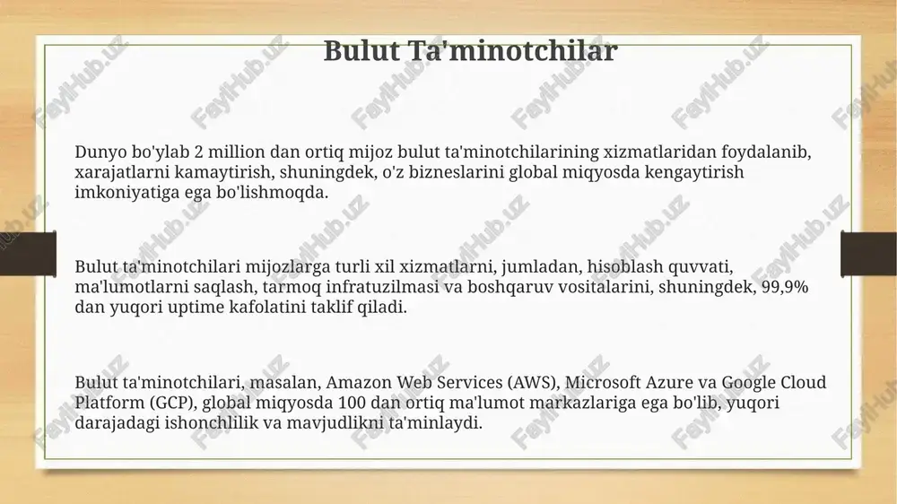 iy modeli – iaas (infrastructure as a service), paas (platform as a service) va saas (software as a service) – turli xil resurslarga va funksiyalarga kirish darajasini taqdim etadi, bu esa korxonalarga 30% gacha xarajatlarni tejash imkonini beradi bulut hisoblash texnologiyalari orqali ma'lumotlarni saqlash hajmi va tezligi, masalan, 100 tb dan ortiq ma'lumotlarni saqlash va sekundiga 1 gb dan yuqori tezlikda uzatish mumkin, bu esa biznes jarayonlarini sezilarli darajada tezlashtiradi. bulut infratuzilmasini joylashtirishning 3 turi – jamoat, xususiy va gibrid bulutlar – ma'lumotlar xavfsizligi va boshqaruviga nisbatan turli xil yondashuvlarni taklif qiladi, bu esa 99,9% ga yaqin ishlash vaqtini ta'minlaydi. bulutni boshqarish bulut infratuzilmasini samarali boshqarish uchun 5 dan ortiq monitoring vositalaridan foydalanish tavsiya etiladi, bu esa xavfsizlikni kuchaytirish va muammolarni tezkor bartaraf etishga yordam beradi. bulutli muhitdagi ma'lumotlarning 99,99% ga yaqin mavjudligi va ishonchliligini ta'minlash uchun yuqori darajadagi redundansiya va avtomatik tiklash mexanizmlaridan foydalaniladi. bulutni boshqarish, xususan, resurslarni optimallashtirishda …