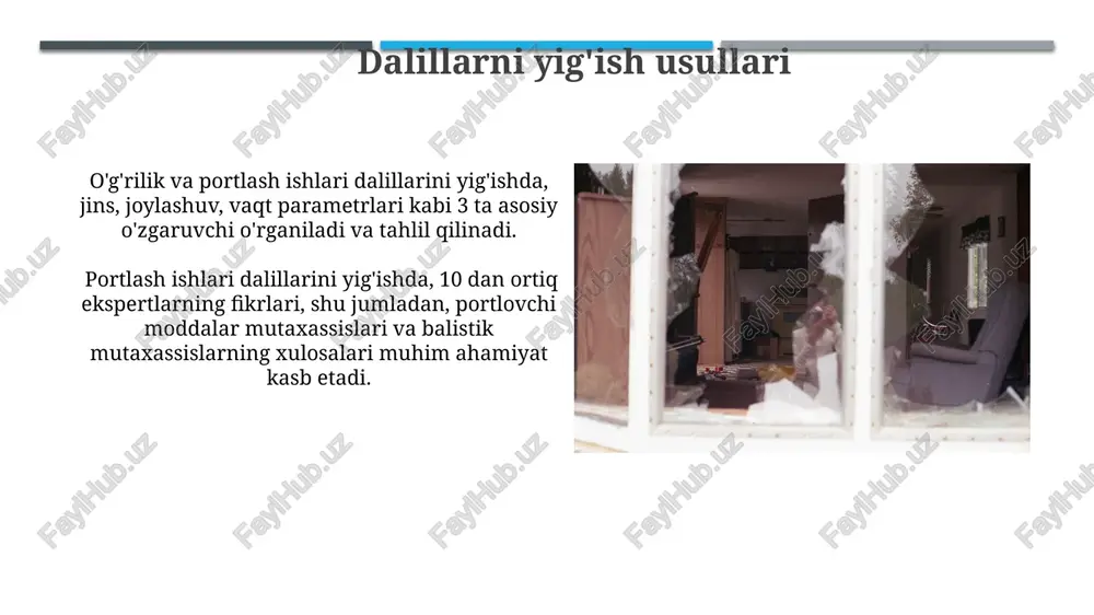 ri bilan belgilanadi, bu 5 yildan 15 yilgacha ozodlikdan mahrum qilishni nazarda tutadi. portlatish natijasida katta miqdordagi moddiy zarar yetkazilgan taqdirda, jazo muddati 10 yildan 20 yilgacha yoki umrbod ozodlikdan mahrum qilish bilan kuchaytirilishi mumkin. o'g'irlik va portlatish ishlarining oqibatlari portlatish ishlari natijasida 90% dan ortiq hollarda binolarga jiddiy shikast yetkaziladi, bu esa ta'mirlashga millionlab so'm sarflashni talab qiladi. o'g'irlik natijasida 80% hollarda moddiy zarar yetkaziladi, bu esa o'rtacha 5000 aqsh dollarini tashkil etadi va sug'urta kompaniyalari uchun katta yuk bo'ladi. e'tiboringiz uchun rahmat @taqdimot_robot image1.jpg image2.jpg image3.jpg image4.jpg image5.jpg image6.jpg image7.jpg image8.jpg image9.jpg image10.jpg image11.jpg image12.jpg