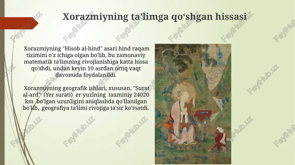 ni echishga yo'naltirilgan ta'lim elementlari kuchli tarkibiy qism bo'lgan. yasaviyning axloqiy taʼlimi yasaviyning taʼlimiy tizimi 40 dan ortiq hikmatli soʻzlardan, 7 bobga boʻlingan “divon-i hikmat” asarida aks etgan boʻlib, ularda insonparvarlik, mehr-oqibat va kamtarlik kabi fazilatlar taʼkidlangan. yasaviyning axloqiy taʼlimi, islomning 5 ustuniga asoslanib, amaliy ishlar orqali taqvodorlik, sabr-toqat va halollik kabi 10 ga yaqin fazilatlarni singdirishga qaratilgan. buxoriyning pedagogik gʻoyalari buxoriyning pedagogik gʻoyalari talabalarning yosh xususiyatlarini hisobga olgan holda, 6 yoshdan 15 yoshgacha boʻlgan bolalar uchun maxsus dasturlarni oʻz ichiga olgan. uning uslubi, 1000 dan ortiq hadislarni yodlash va tushuntirish orqali, fikrlash qobiliyatini rivojlantirishga qaratilgan edi. e'tiboringiz uchun rahmat @taqdimot_robot image1.jpg image2.jpg image3.jpg image4.jpg image5.jpg image6.jpg image7.jpg image8.jpg image9.jpg image10.jpg image11.jpg image12.jpg
