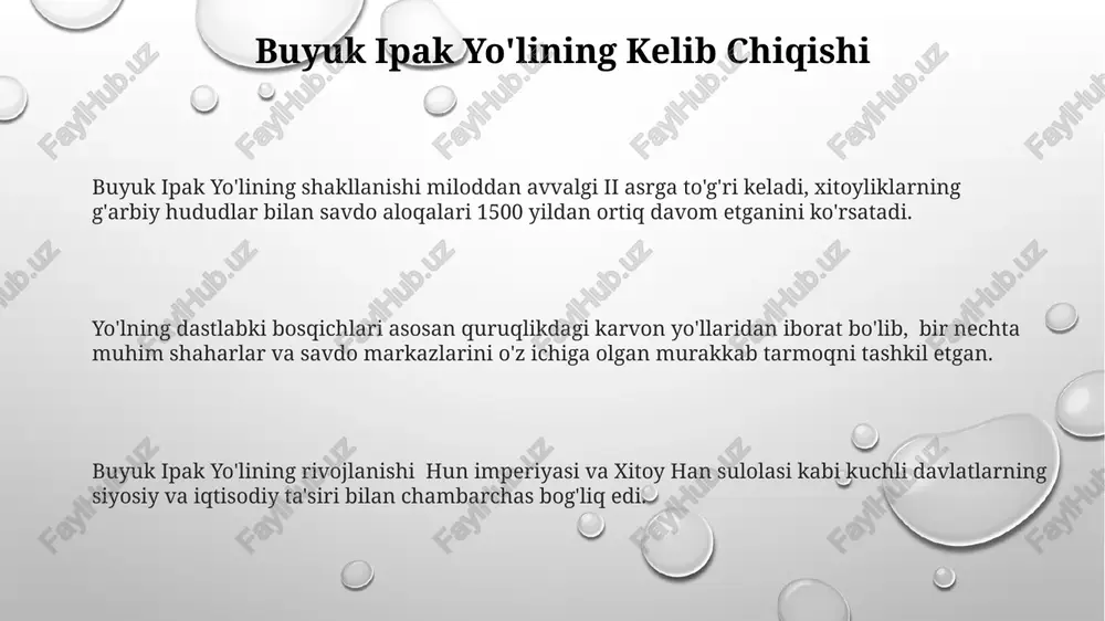 alar, karvonsaroylar va shahar xarobalari kashf etilgan bo'lib, ular yo'lning keng ko'lamli tarmog'ini ko'rsatadi. ipak yo'li boy tarixga ega bo'lib, taxminan 2000 yil davomida madaniy va iqtisodiy almashinuvlarga katta hissa qo'shgan, bu davrda minglab savdogarlar va sayyohlar harakat qilgan. buyuk ipak yo'li bo'ylab savdo almashinuvi natijasida 15-asrda o'rta osiyoda yangi hunarmandchilik turlari, masalan, zargarlik va to'qimachilik, rivoj topgan. ipak yo'lining xavfsizligi ipak yo'lining xavfsizligi bo'yicha 13-asrda qo'riqlash postlari o'rtasidagi masofa taxminan 30-40 km ni tashkil etar edi, bu esa tezkor harakatlanish va xavfsizlikni ta'minlashga yordam berardi. savdogarlar karvonlari o'rtacha 50-100 kishidan iborat bo'lib, ularning xavfsizligini ta'minlash uchun qurollangan qo'riqchilar va yo'lboshchilar jalb qilingan. ipak yo'lining ayrim qismlarida, xususan tog'li hududlarda, yer sathidan 2000-3000 metr balandlikdagi qal'a va istehkomlar qurilgan bo'lib, ular strategik nuqtalarni himoya qilar edi. ipak yo'li tadqiqotlari genetik tadqiqotlar natijalari ipak yo'li bo'ylab harakatlangan aholining genetik xilma-xilligini, taxminan 5000 yildan ortiq davom etgan intensiv migratsiya jarayonini tasdiqlaydi. “ipak …