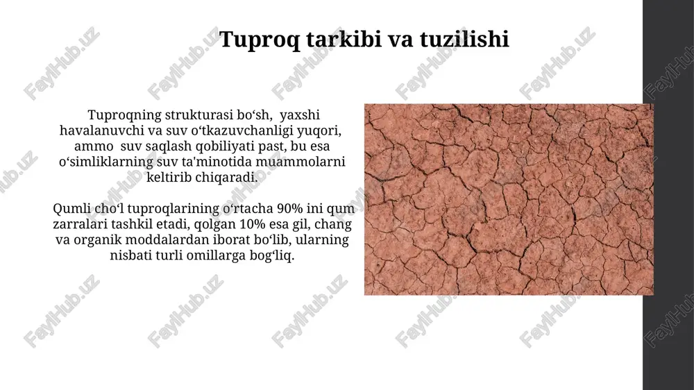 i va bu tuproq tarkibining o'ziga xos xususiyatlarini belgilaydi. biologik xilma-xillik qumli choʻl tuproqlarida 100 ga yaqin oʻsimlik turi, jumladan, kserofit va halofitlar mavjud boʻlib, ularning aksariyati tuproqning past unumdorligiga moslashgan. hayvonot dunyosi, asosan, kemiruvchilar, sudralib yuruvchilar va hasharotlardan iborat boʻlib, ularning umumiy biomasasi 1 kvadrat metrga 100 grammgacha yetishi mumkin. organik moddalar va unumdorlik organik moddalarning parchalanishi yuqori harorat va namlikning yetarli emasligi tufayli sekinlashadi, bu esa tuproq unumdorligining past boʻlishida muhim rol oʻynaydi. tuproq unumdorligini oshirish uchun, yillik 5-10 tonna/gektar organik oʻgʻit qoʻshish, tuproq mikroorganizmlarining faolligini oshirib, humus miqdorini koʻpaytirishga yordam beradi. e'tiboringiz uchun rahmat @taqdimot_robot image1.jpg image2.jpg image3.jpg image4.jpg image5.jpg image6.jpg image7.jpg image8.jpg image9.jpg image10.jpg image11.jpg image12.jpg