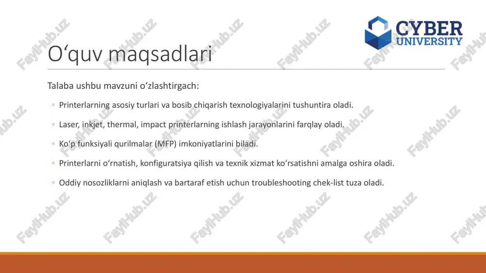bo‘sh/sifat past, developer muammosi ham bo‘lishi mumkin. developing (toner bilan latent rasmni ko‘rinadigan qilish) jarayon: developer roller tonerni tribo-zaryad bilan manfiy zaryadlaydi. manfiy toner kamroq manfiy (yoritilgan) joylarga tortiladi. komponentlar: developer roller, toner hopper, agitatorlar. voltlar/ish prinsipi: toner zarralari drumdagi potensial farqiga tortiladi. tipik nosozliklar: ◦ juda ochik bosma / “fade” → toner kamaygan, developer eskirgan, hvps past. ◦ qalin qoramtir fon → toner haddan tashqari ko‘p, pcr/hvps nosoz. transferring (toner qog‘ozga o‘tishi) jarayon: transfer roller (yoki transfer corona/belt) qog‘oz ostidan musbat zaryad beradi (+300…+700v tipik). manfiy toner qog‘ozga “sakraydi”. komponentlar: transfer roller yoki etb (rangli printerlarda electrostatic transfer belt). maqsad: drumdagi tasvirni butunlay qog‘ozga ko‘chirish. tipik nosozliklar: ◦ bo‘shab qolgan oq “siljishlar” → transfer roller iflos/eskirgan. ◦ rangli printerda ranglar siljishi → transfer belti (etb) yoki registratsiya sensori muammosi. fusing (yopishtirish — issiqlik + bosim) jarayon: qog‘oz fuser’dan o‘tadi: issiq val (ichida halogen lampa) ~180–200 °c va bosim vali …