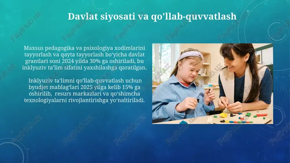 eyingi qadamlar bo'yicha batafsil muhokamalarni o'z ichiga oladi. bu inklyuziv ta'lim strategiyasining muvaffaqiyatli amalga oshirilishi uchun juda muhim hisoblanadi. muvaffaqiyatli inklyuziv ta'lim uchun ota-onalar bilan o'qituvchilar o'rtasidagi 2 tomonlama aloqa muhim ahamiyatga ega. bu haftalik uchrashuvlar yoki onlayn platformalar orqali amalga oshirilishi mumkin, bu esa bolaning taraqqiyoti to'g'risida 360 darajali ko'rinishni ta'minlaydi. kelajakdagi istiqbollar texnologiyalar, masalan, sun’iy intellekt va avtomatlashtirilgan tizimlar, inklyuziv ta’limni shaxsiylashtirish va samaradorligini 15% ga oshirish imkoniyatini beradi. inklyuziv ta’limni qo‘llab-quvvatlovchi davlat siyosatlari va qonunchilik bazasining rivojlanishi 2025-yilga kelib, kamida 5 ta yangi milliy dasturni amalga oshirishni nazarda tutadi. inklyuziv ta'lim dasturlari inklyuziv ta'lim dasturlari samaradorligini baholashda, o'quvchilarning akademik yutuqlari bilan bir qatorda, ijtimoiy-emotsional rivojlanishi va mustaqillik darajasining o'sishi, masalan, kamida 30% o'sish ko'rsatkichlari kuzatiladi. dasturlar, o'quv jarayonida 5 ta asosiy komponent: moslashuvchan o'quv rejalari, qo'llab-quvvatlash xizmatlari, inklyuziv baho mezonlari, o'qituvchilarning malakasi va ota-onalar bilan hamkorlikni o'z ichiga oladi. maxsus ehtiyojli bolalar toifalari maxsus ehtiyojli bolalar 13 …
