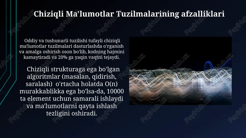 umkin, chunki elementlarga kirish uchun o(n) vaqt kerak bo'ladi, bu yerda n elementlar sonini bildiradi. chiziqli ma'lumotlar tuzilmalarida ma'lumotlarning ketma-ket joylashuvi tufayli, xotira boshqaruvining samaradorligi past bo'lishi mumkin, bu esa bo'sh joyning isrof bo'lishiga olib kelishi mumkin. chiziqli ma'lumotlar tuzilmalari tushunchasi ushbu tuzilmalarda elementlarga kirish indeks yoki ko'rsatkich orqali amalga oshiriladi, bu esa o'rtacha murakkablikni o(n) yoki o(1) ga keltiradi, bu yerda n elementlar sonini bildiradi. chiziqli ma'lumotlar tuzilmalari ketma-ket joylashgan elementlardan iborat bo'lib, har bir element faqat bitta to'g'ridan-to'g'ri oldingi va bitta keyingi elementga bog'langan, masalan, massivlar va bog'langan ro'yxatlar. steklar (stacks) stivlar lifo (last-in, first-out) printsipiga asoslanadi, ya'ni oxirgi qo'shilgan element birinchi bo'lib chiqariladi. bu xotirani samarali boshqarish uchun 1 yoki undan ortiq qo'shilgan elementlarni saqlashda foydali. stivlar rekursiv funksiyalarni amalga oshirishda, hisoblash operatsiyalari va brauzerlarning "orqaga" tugmasi kabi dasturlashda ko'plab amaliy qo'llanmalarga ega. ular 20 dan ortiq turli xil operatsiyalarni bajarishga imkon beradi. amaliy qo'llanmalar: saralash 1000 …